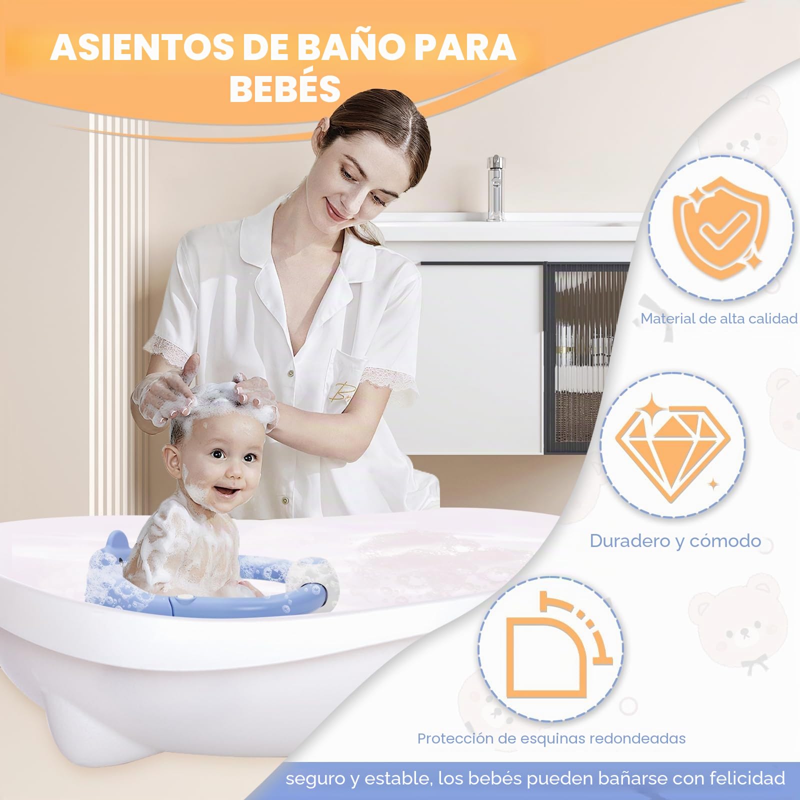 Asiento de Baño para Bebé 6-24 Meses, Silla Baño Bebe con 4 Fuertes Ventosas, Respaldo Ergonómico, Barra de seguridad, Antideslizante y Cómoda, Regalo para Recién Nacidos y Nuevas Madres(Azul)