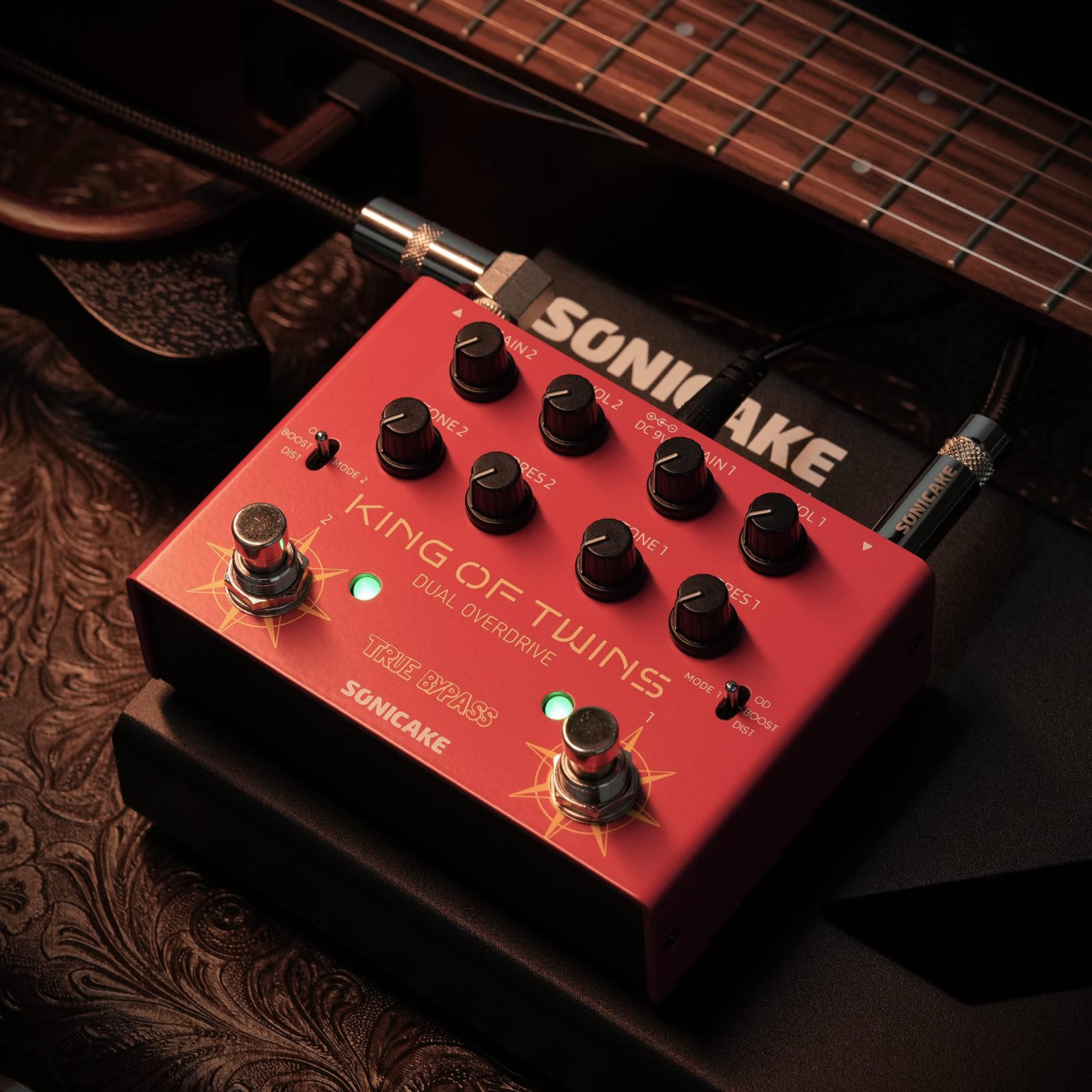 SONICAKE Pedale Overdrive Doppio Canale Overdrive/Boost/Distortion 3 Modalità Circuito Puro Analogico True Bypass 4 Manopole per Canale QDS-08