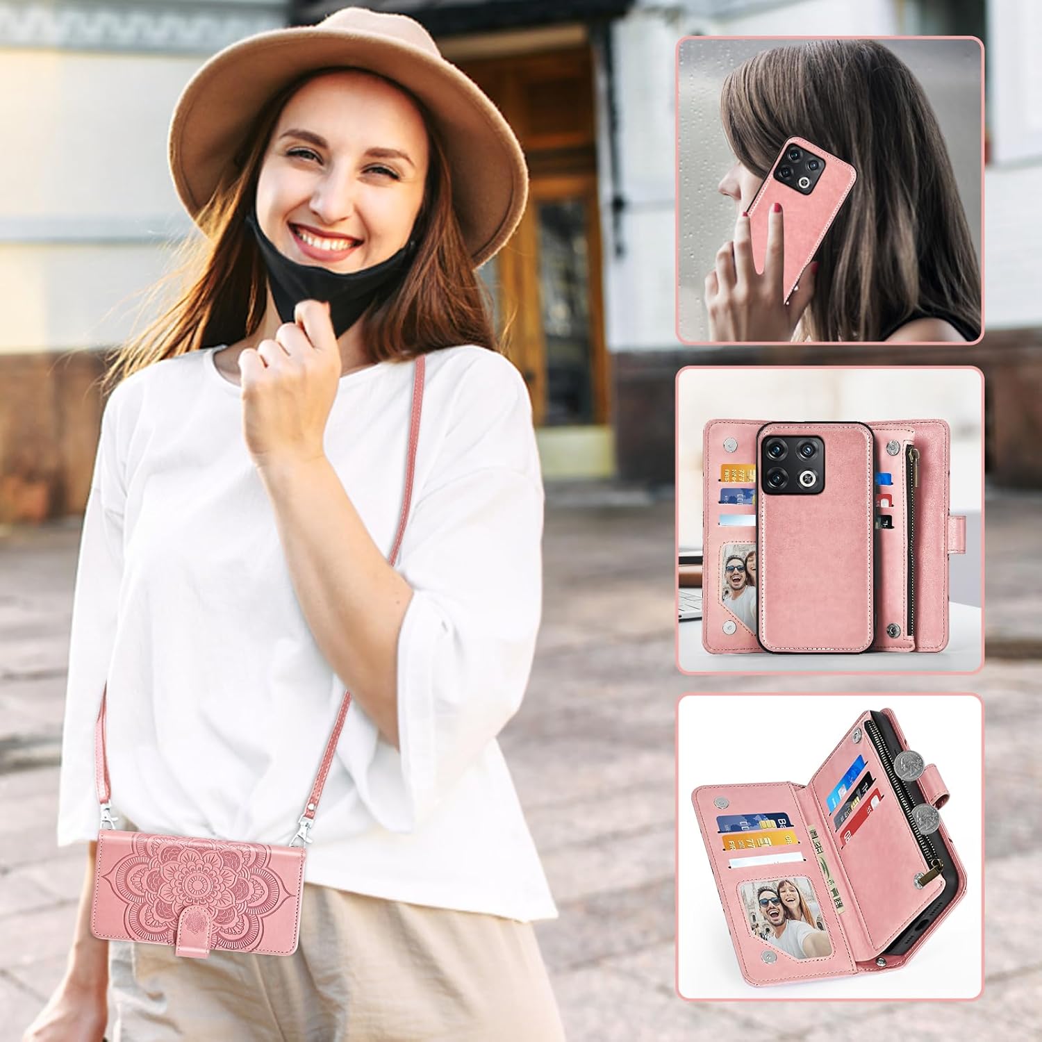 Asuwish Phone Case for OnePlus 10 Pro One Plus 10Pro 5G Zipper Wallet Detachable Cell Cover with Tempered Glass Screen Protector Strap Flower Card Holder On 1Plus 1 + Plus10 1+ Pro Ten Women Rose Gold