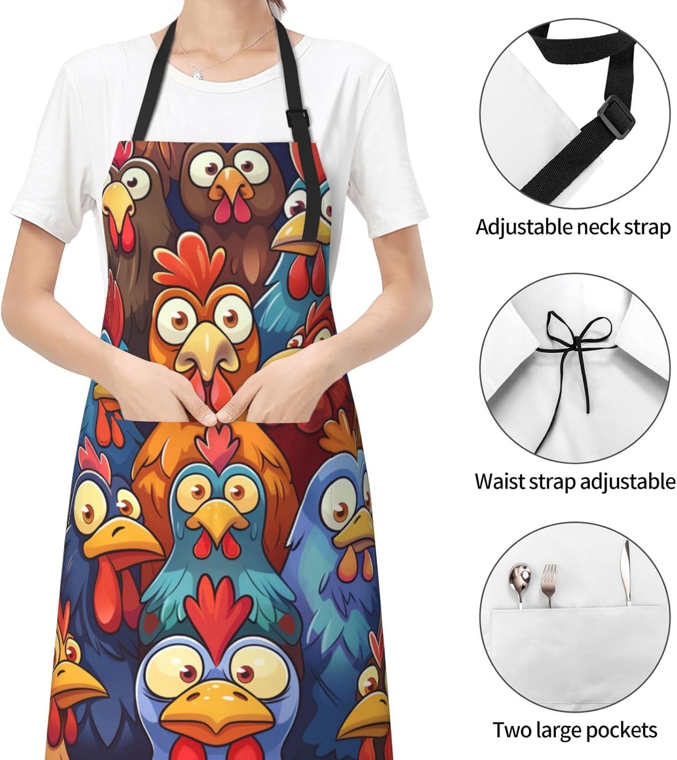 Funny Chicken Cartoon Apron for Men Women, Waterproof Kitchen Cooking Bib with Adjustable Neck and Pocket, Colorful Farm Rooster Theme Chef Apron Gifts for BBQ, Baking, Gardening, and Home Decor