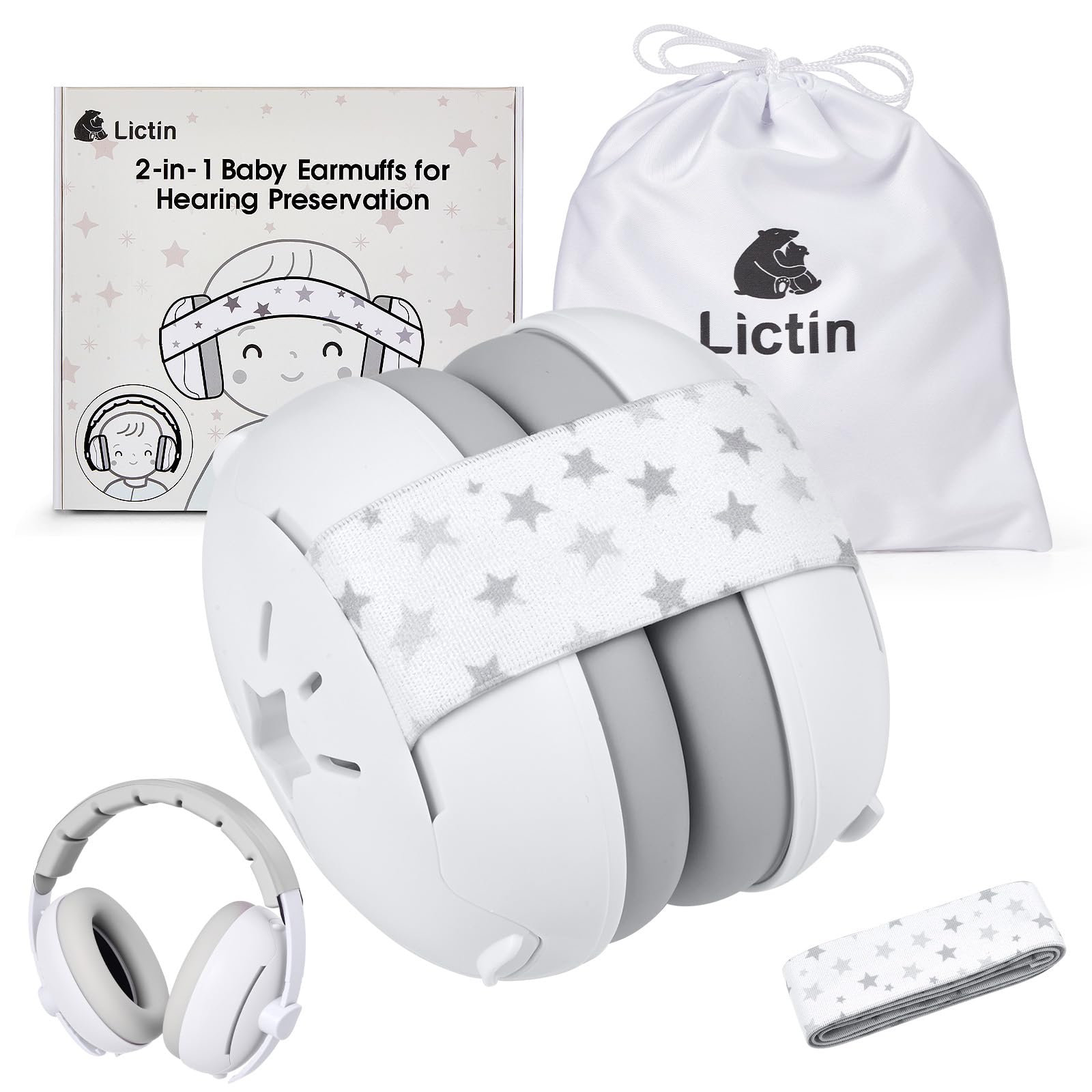 Lictin 2-in-1 Baby Earmuffs Noise Protection, Infant Noise Cancelling Headphones, Adjustable Baby Ear Protection, Star Noise Reduction Earmuffs for