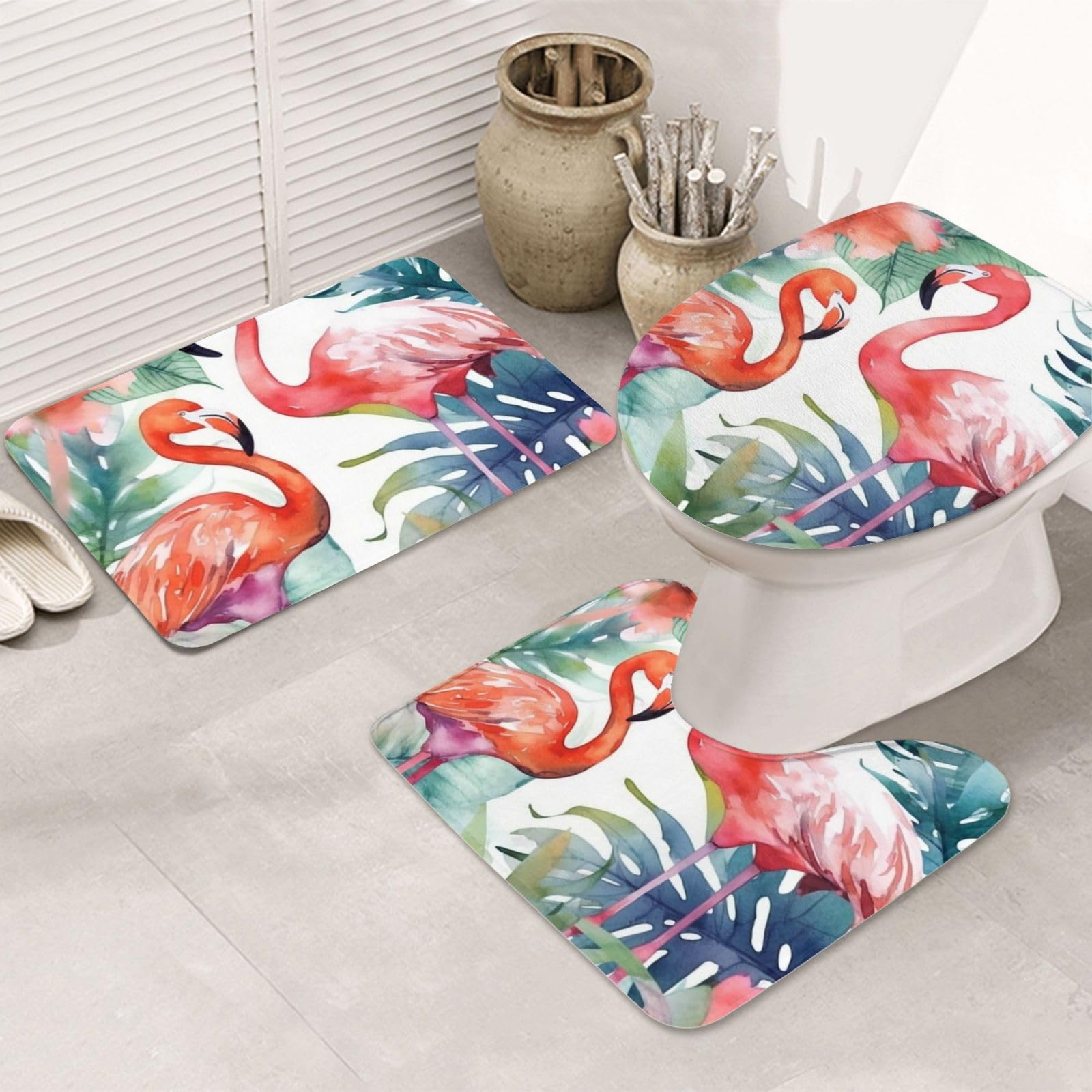 Dwrepo Flamingos Watercolor Tropics Print Bathroom Rug Set 3 Piece with Non-Slip U-Shaped Contour Mat and Toilet Lid Cover for Bathroom Decoration