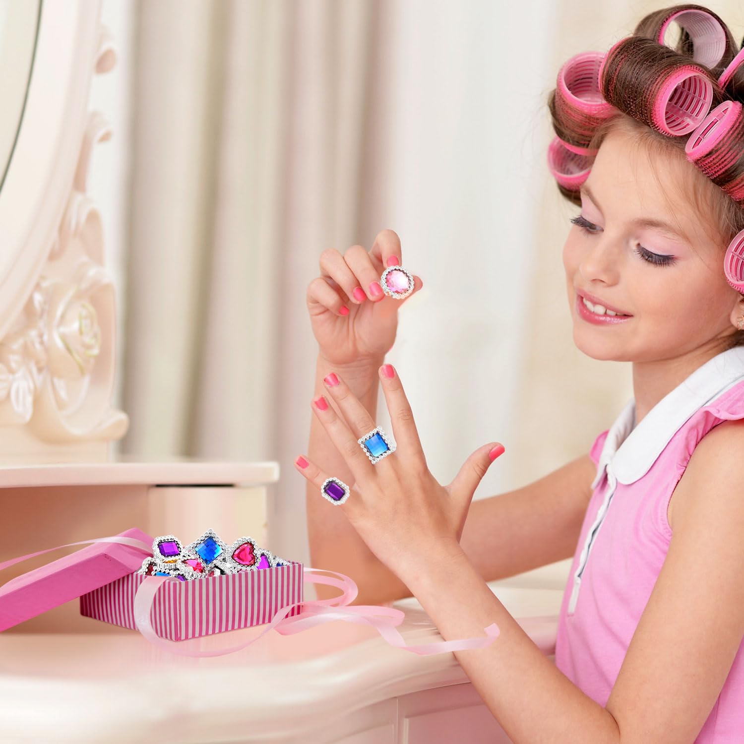 72 anillos de plástico coloridos ajustables falsos de princesa joyería anillos para despedida de soltera, accesorios de fiesta 4