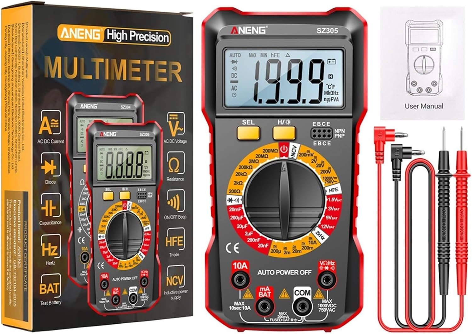 SZ305 1999 Count Professional Multimeter AC/DC Voltage Tester Ammeter Capacitor hFE Triode Hz Detector Electrician Tool(SZ305 Red Pro)