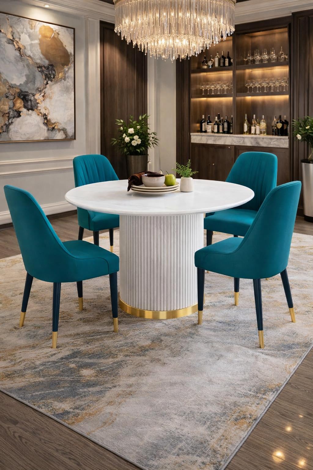 PAAM WOOD 4 Seater Dining Table Set with 4 Chairs,2yr Warranty - Round Marble Dining Table (91x91x76 cm) – White Marble Top, Solid Wooden Base, Upholstered Chairs with Sheesham Wood Legs - Sea Blue