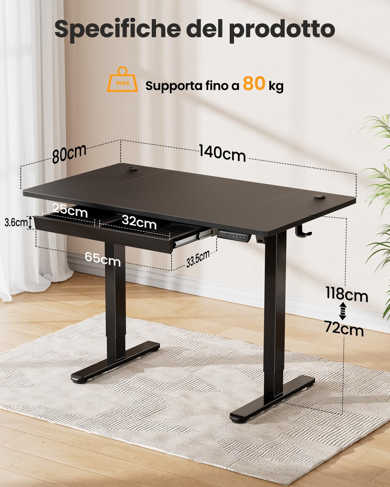 ErGear Scrivania Regolabile in Altezza da Ufficio, 140x80cm, Nero
