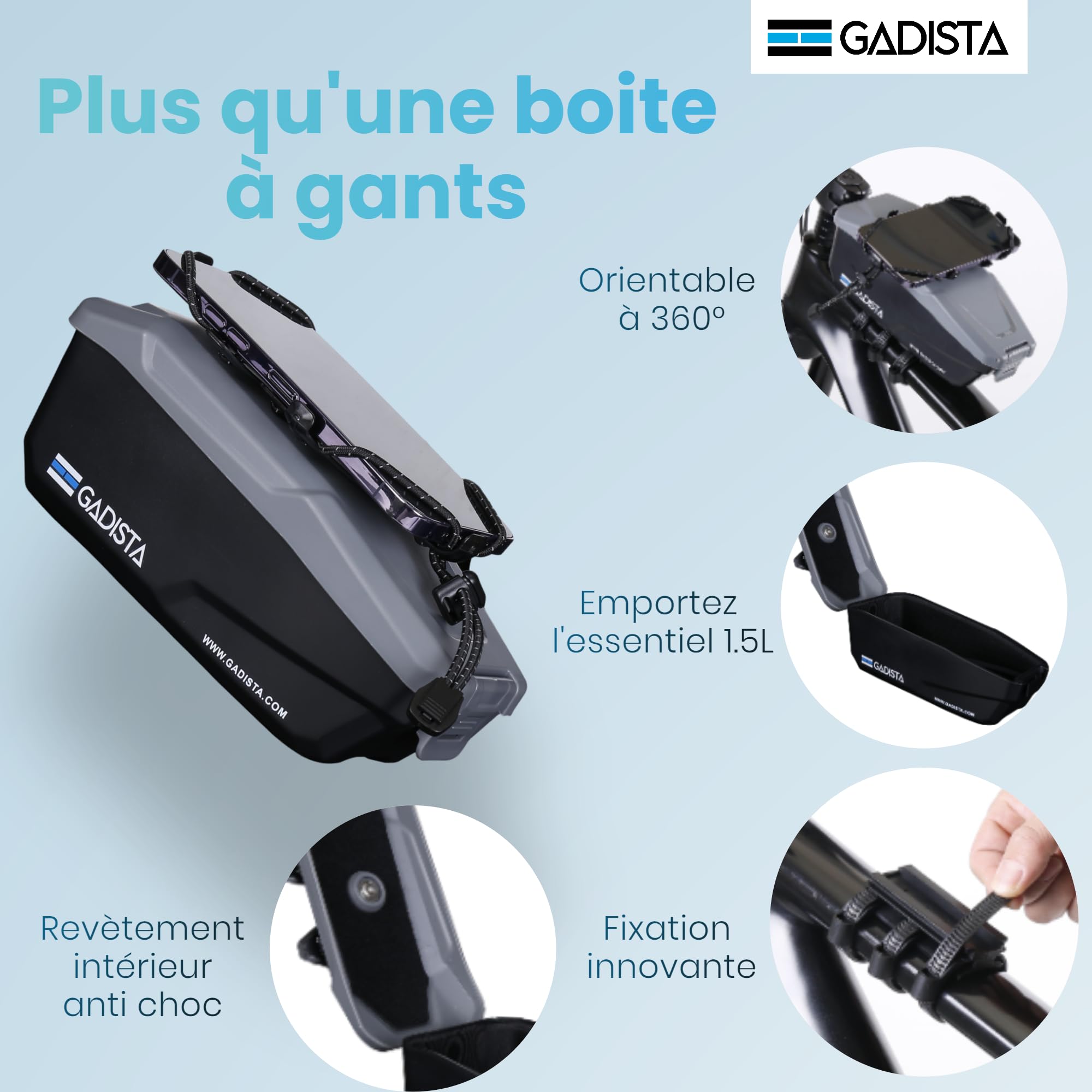 GADISTA France, Sacoche Velo Cadre Etanche pour Telephone Tactile 6.8" VTT, Cadeau Homme Noel, Accessoire Velo Indispensable (Téléphone Externe + Rangement séparé)