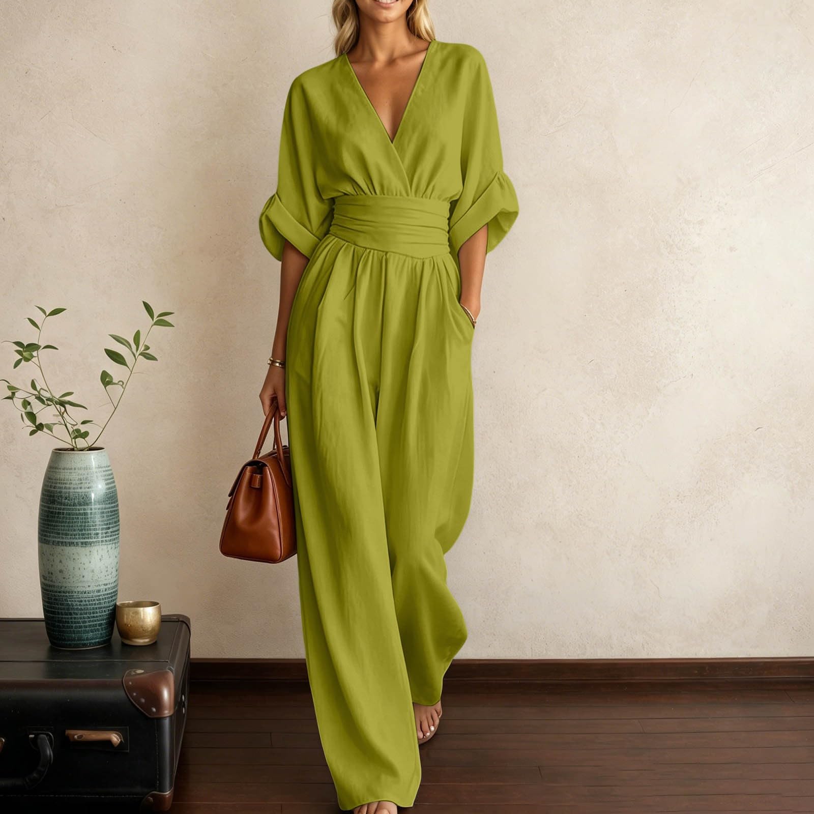 Lino Mono Mujer Elegante Media Manga Cuello en V Color Liso Moda Mujer Mono Casual Calle Glamour Monos Cintura Entallada con Bolsillo Ligera Cómodos para Fiesta Bodas Trabajo Oficina