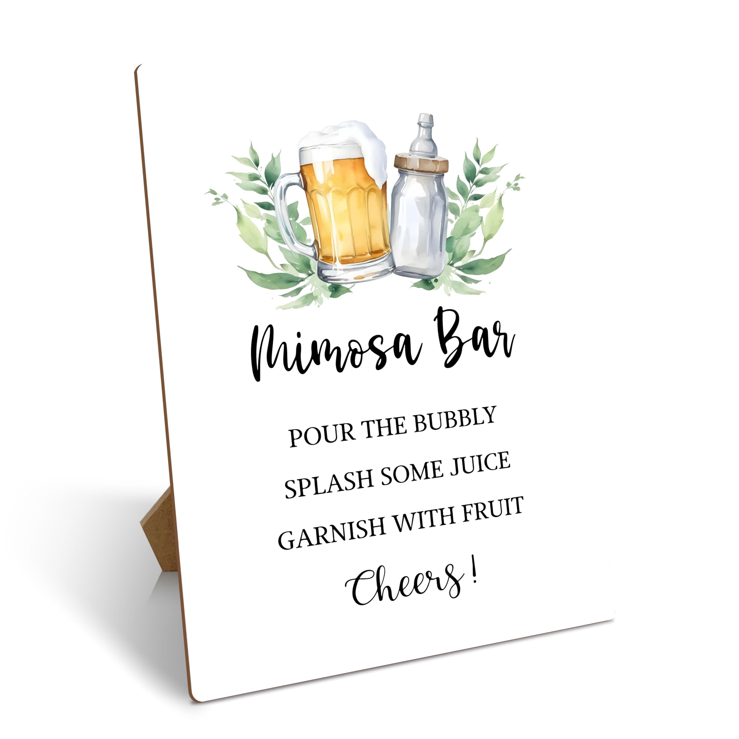 Mimosa Bar Sign, Greenery Baby Shower Mimosa Bar Supplies, Minimalist Gender Reveal Bar Decor With Stand, Wooden Tabletop Sign For Baby Shower