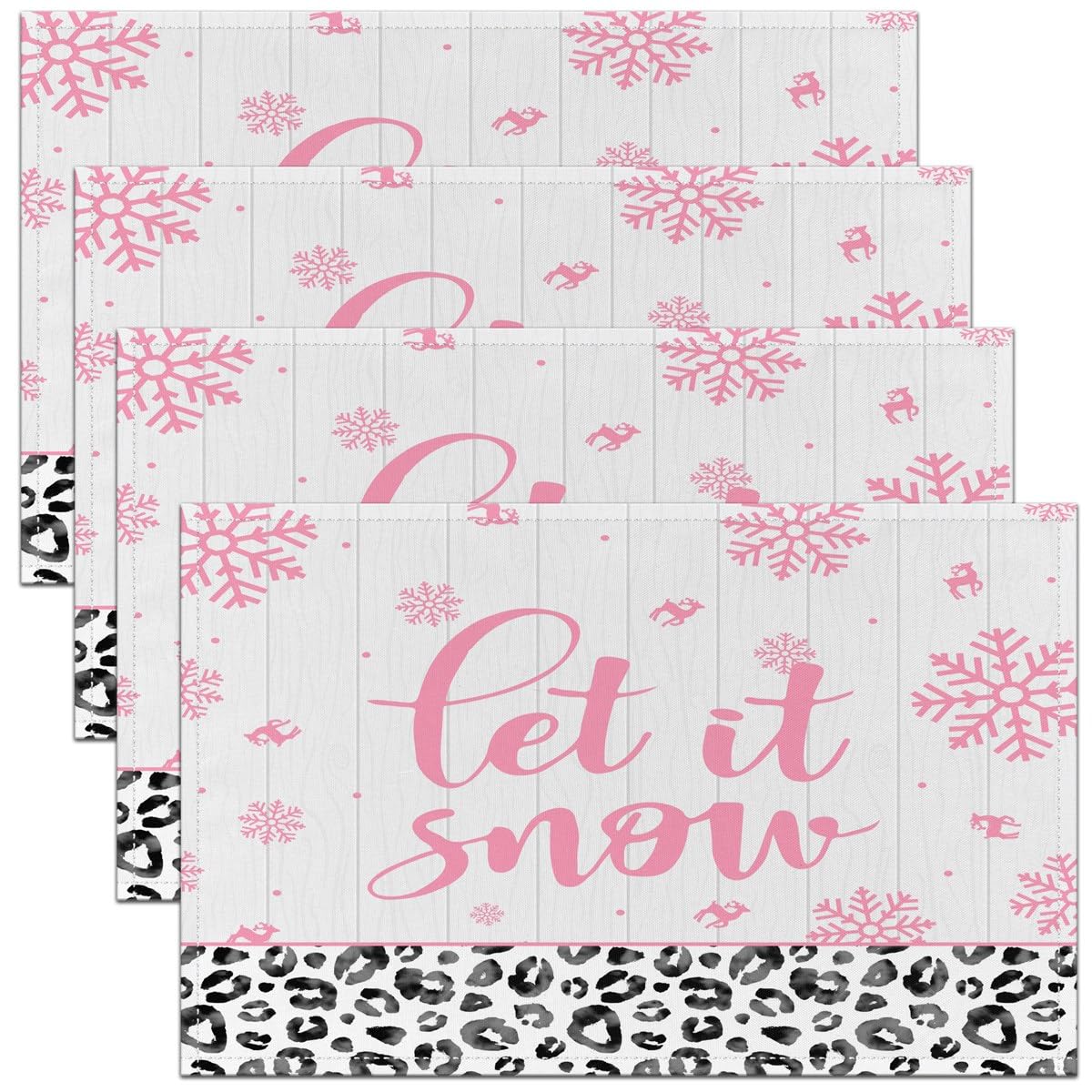 Homemissing Multicoloured 1 Pink Christmas Placemats Set Of 4 Leopard Print Placemats For Dining Table Indoor Outdoor Kitchen 45X30cm Snowflake Table Mats Placemat Kitchen Dining Table Decor Xmas Decor Table Place Mats