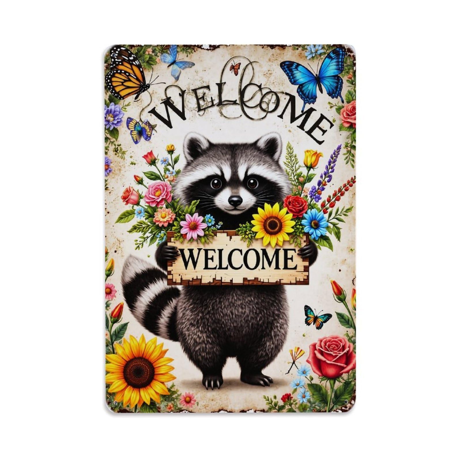 Nestemfo Vintage Welcome Raccoon Holding Floral Sign Tin Sign Metal Sign, Living Room,Bar, Home, Bedroom Wall Decor,Retro Metal Poster 8X12 Inches