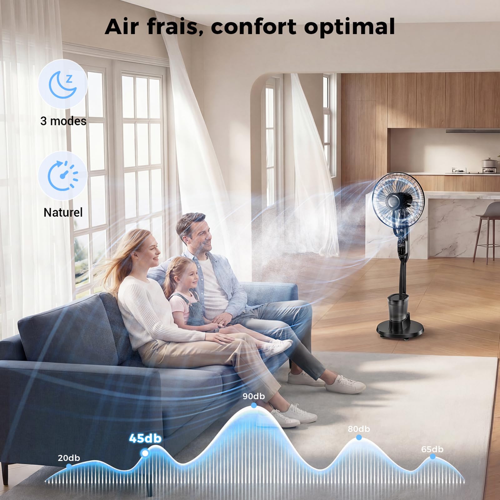 NebulaFlow Ventilateur Brumisateur, 3 en 1 Ventilateur sur pied, 9 vitesses 3 modes, Ventilateur oscillant avec télécommande pour maison, chambre, bureau, terrasse, 1 pièce