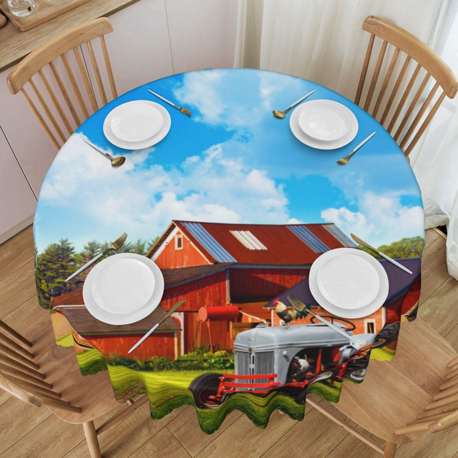 DCEHGEW 60 In Round Tablecloth with Lace, Company Farm Tractor Printed Oilproof & Washable Fabric Picnic Table Cloth Table Covers