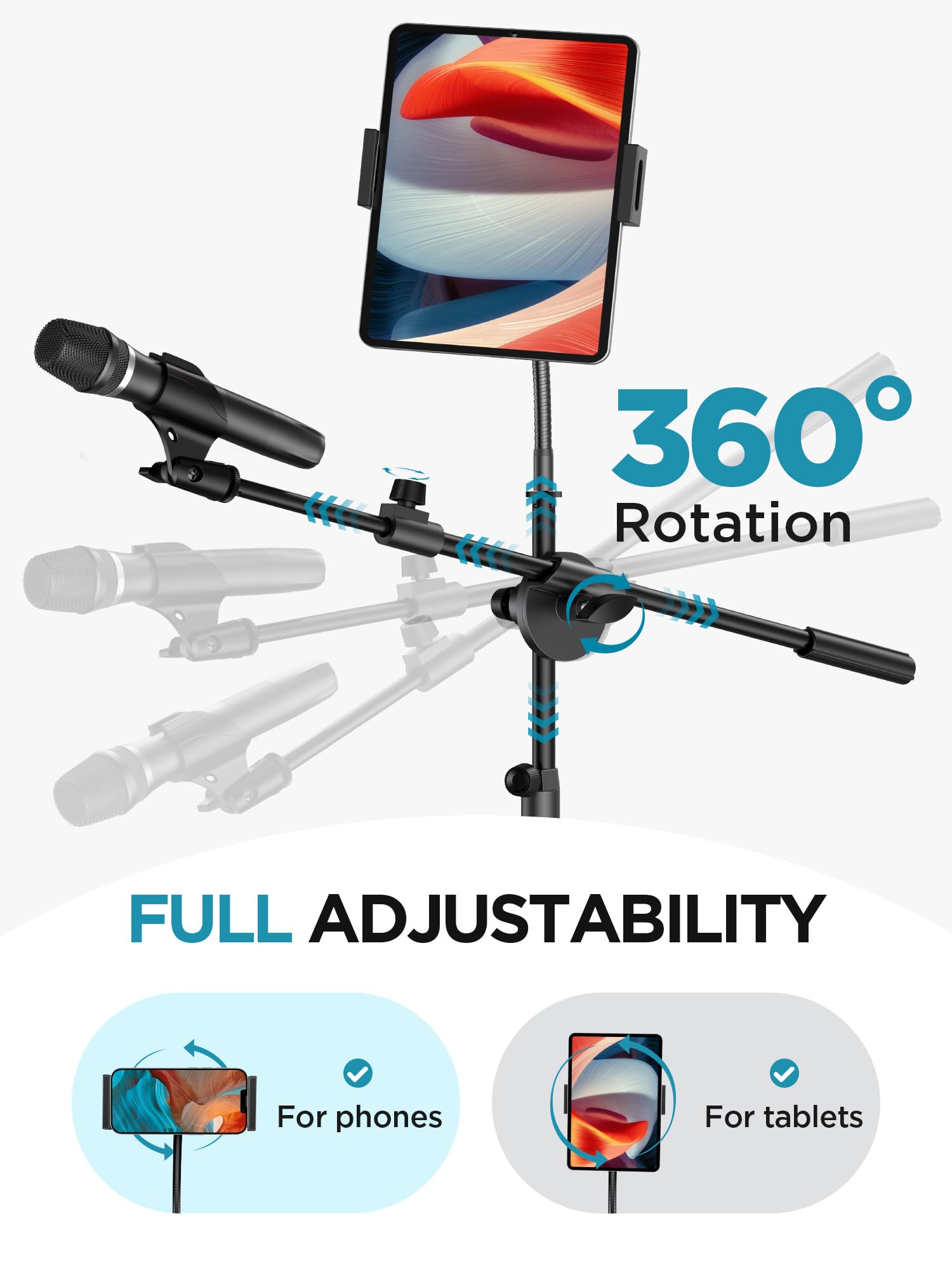InnoGear Mikrofonständer, 6-in-1-Mikrofonständer, Boden mit Tablet-Handyhalterung, höhenverstellbar von 76,2 cm bis 182,9 cm, Mikrofonständer, Stativ-Galgenarm mit Schwanenhals, Tragetasche zum Singen