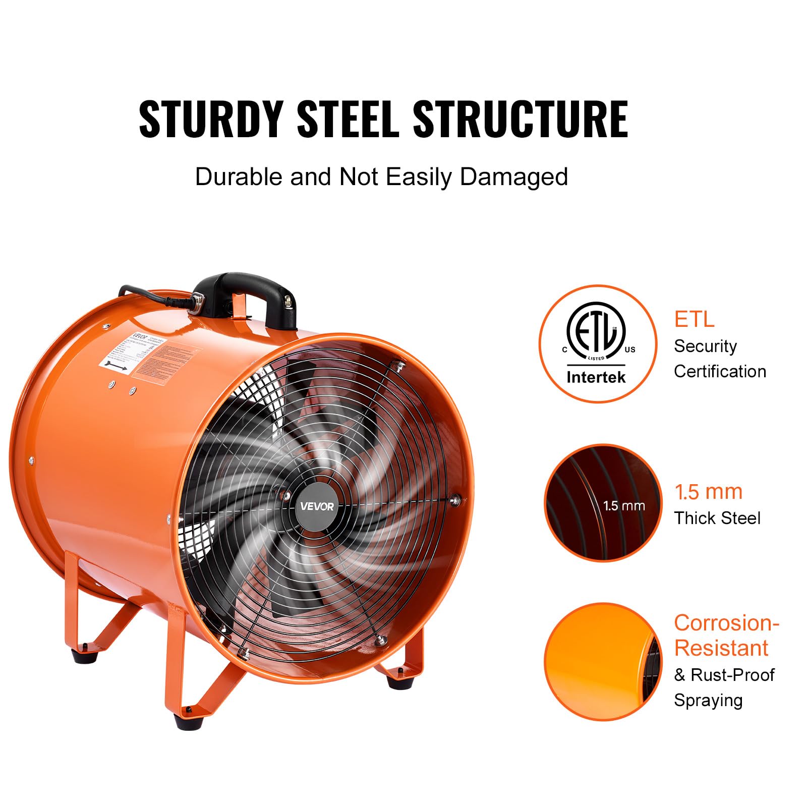 VEVOR Bauventilator 592-W-AC-Motor Baugebläse Baulüfter Gebläse 5175 CFM Axiallüfter mit 2-Stufigen Wechselstrommotor 10 m Schlauch Axialgebläse IP44 Wasserdichtigkeit Industrielüfter