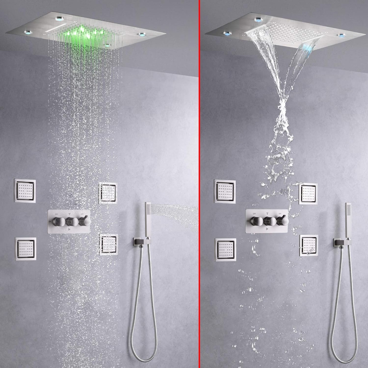Amazing 🔥 DULABRAHE Waterfall LED Rain Shower Head With Handheld Spray Ceiling 14 X 20 inch Rainfall Shower System Set Combo Shower Body Jets For Bathroom Brushed Nickel