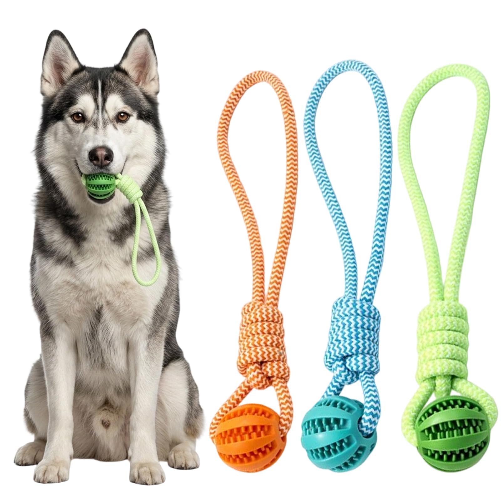 ZKFSIE 3-Pack 2-in-1 Dog Ball on Rope – Durable Rubber Ball & Cotton Rope for Tug of War, Fetch Training, Indoor & Outdoor Play – Orange, Green, Blue