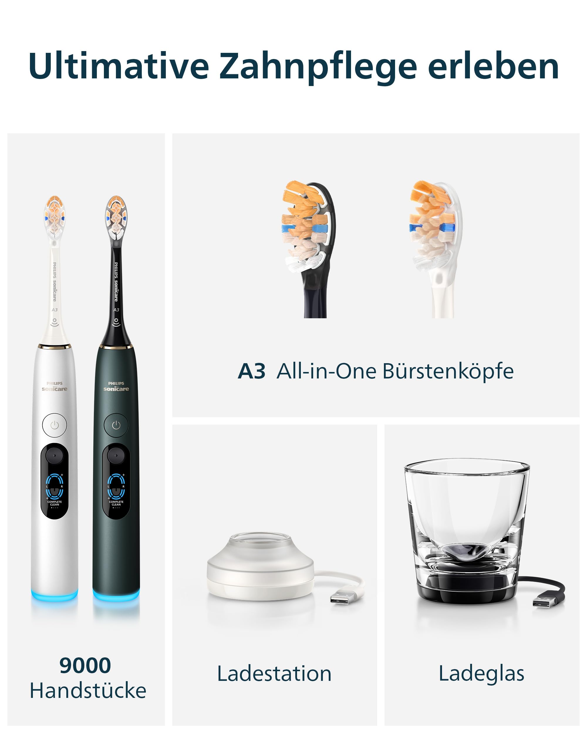 Philips Sonicare Next-Generation DiamondClean 8500 elektrische Zahnbürste - mit intelligenter Andruckkontrolle und 18 Einstellungen, Pulverweiß & Schwarz, 2er-Pack, HX8596/21