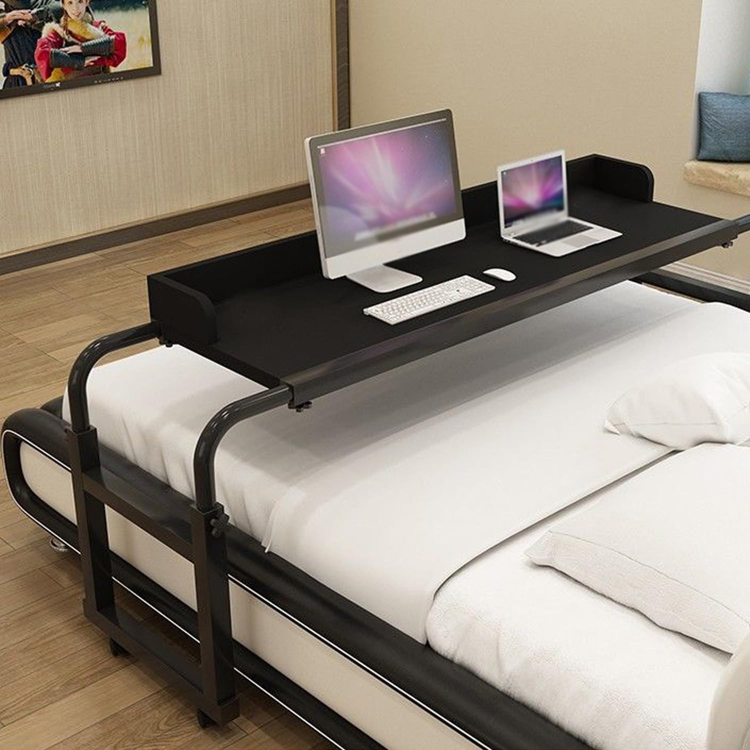 Mesas de Cama con Ruedas para Hospital, Mesa de Cama para Comida, Silla de Ruedas, Bandeja para portátil, Escritorio con Ruedas Ajustable, Gran Altura (Color: Negro+)