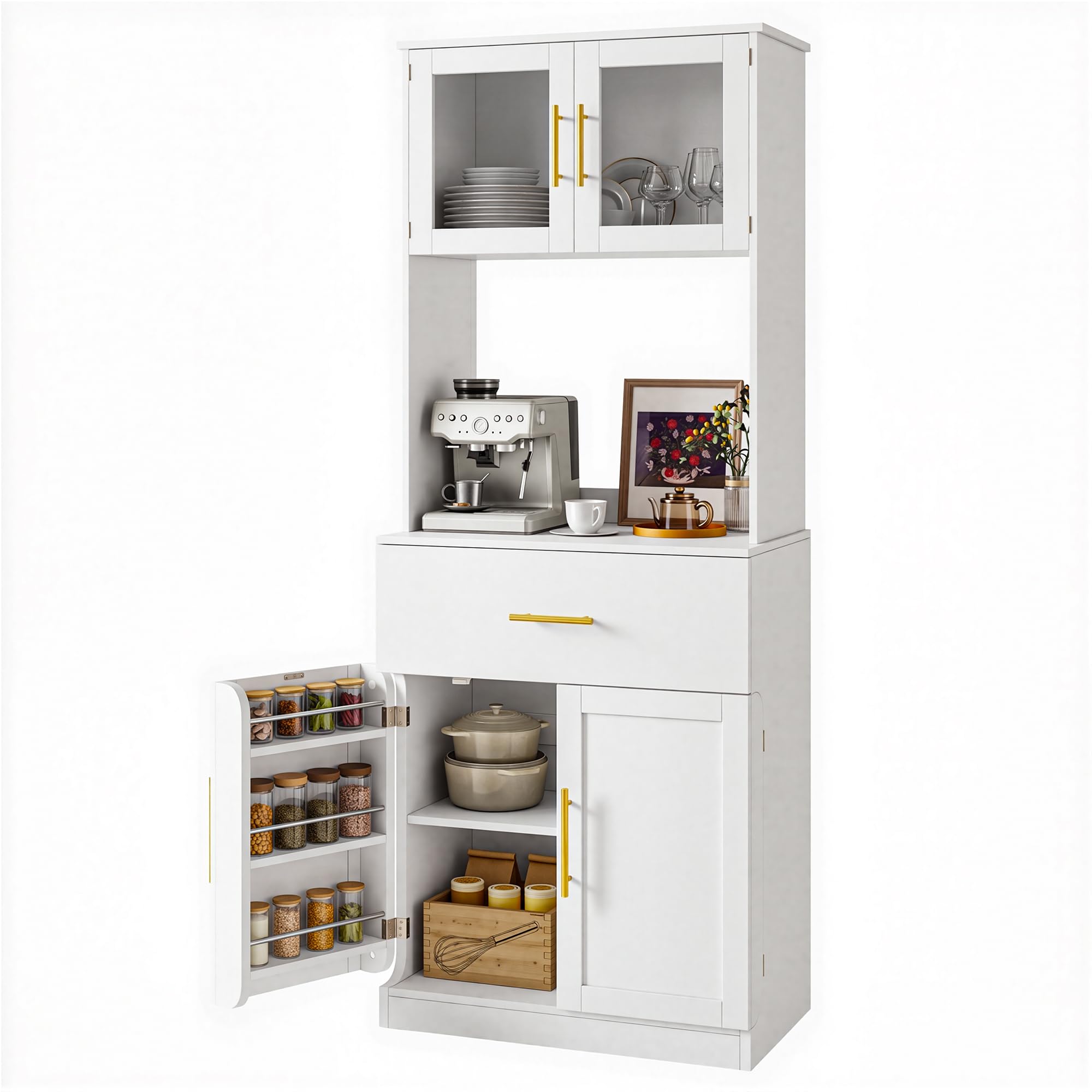 YITAHOME Küchenschrank Hochschrank, 180 cm Vorratsschrank mit Glastüren, Schublade, Seitlichen Türregalen, Verstellbaren Einlegeböden, Buffetschrank Mehrzweckschrank, Weiß