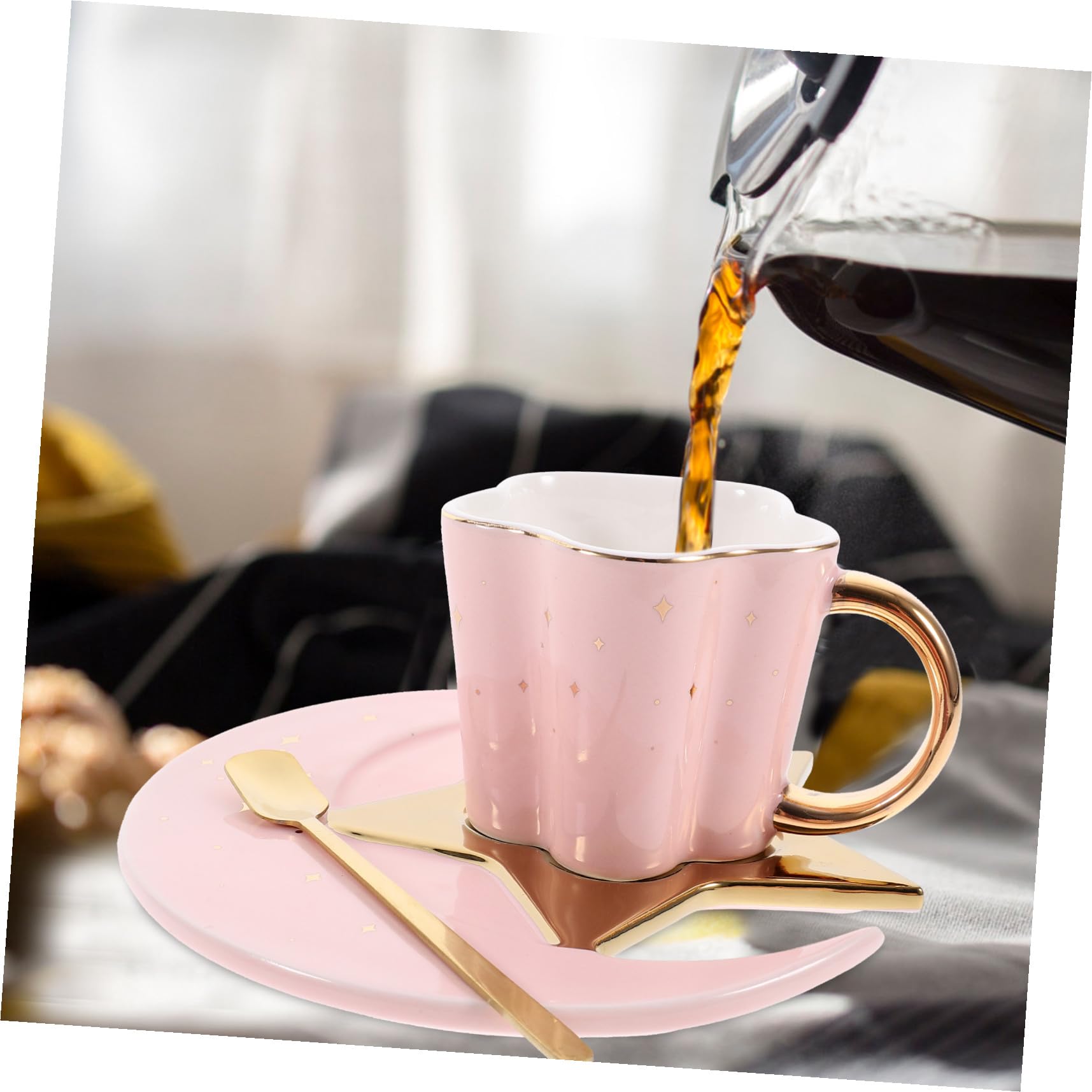 Tazza da Caffè in Ceramica 120ml con Cucchiaio e Piattino | Tazzine da Caffe Particolari, Set 1 Pezzo, Piattino a Forma di Luna e Stella, Colore Rosa