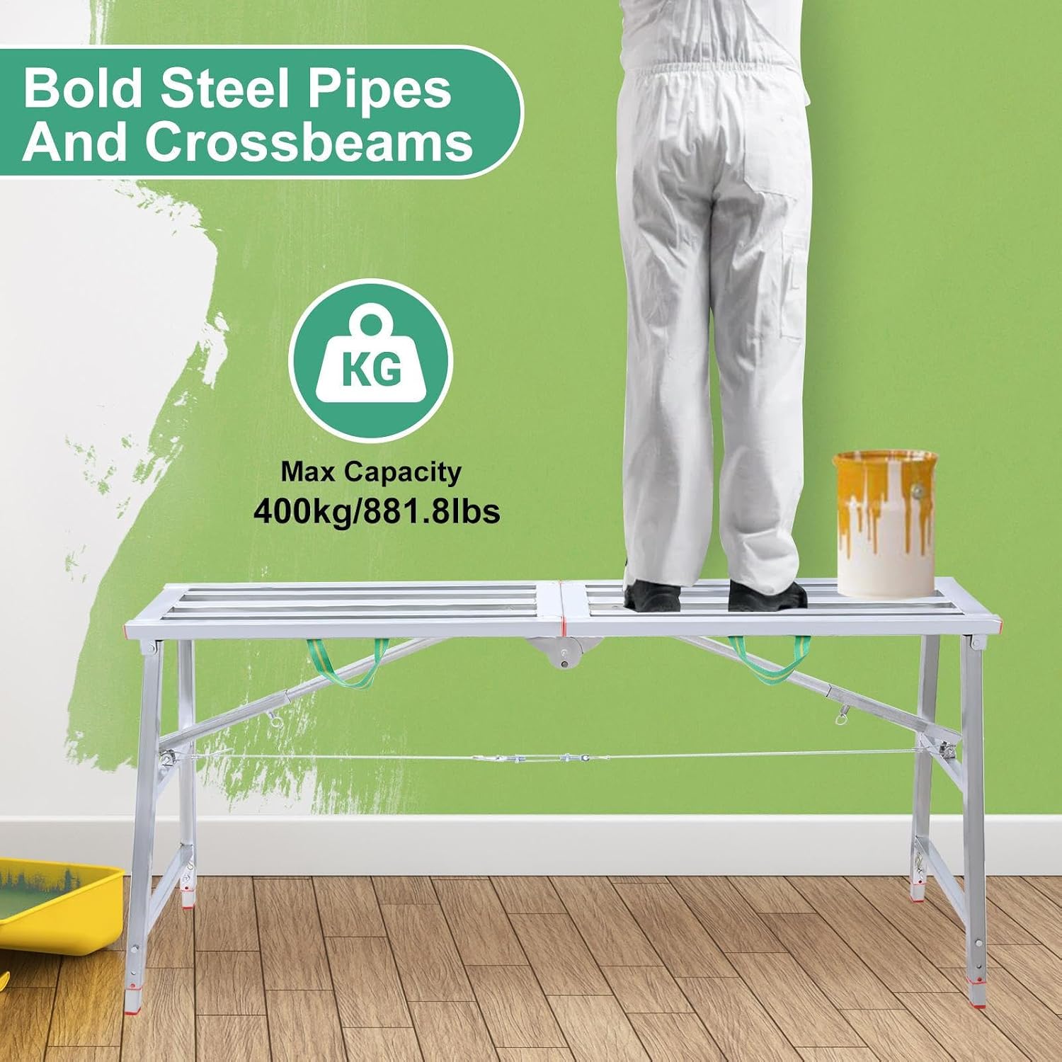 Scaffolding Platforms 3.9 ft, 63 x 12 x 47 inches, 5-Level Adjustable Height, Extra Strong Steel Structure, Slip-Resistant Deck, 880 lb Capacity — Work Bench for Indoor Outdoor Use, Painting, Silver