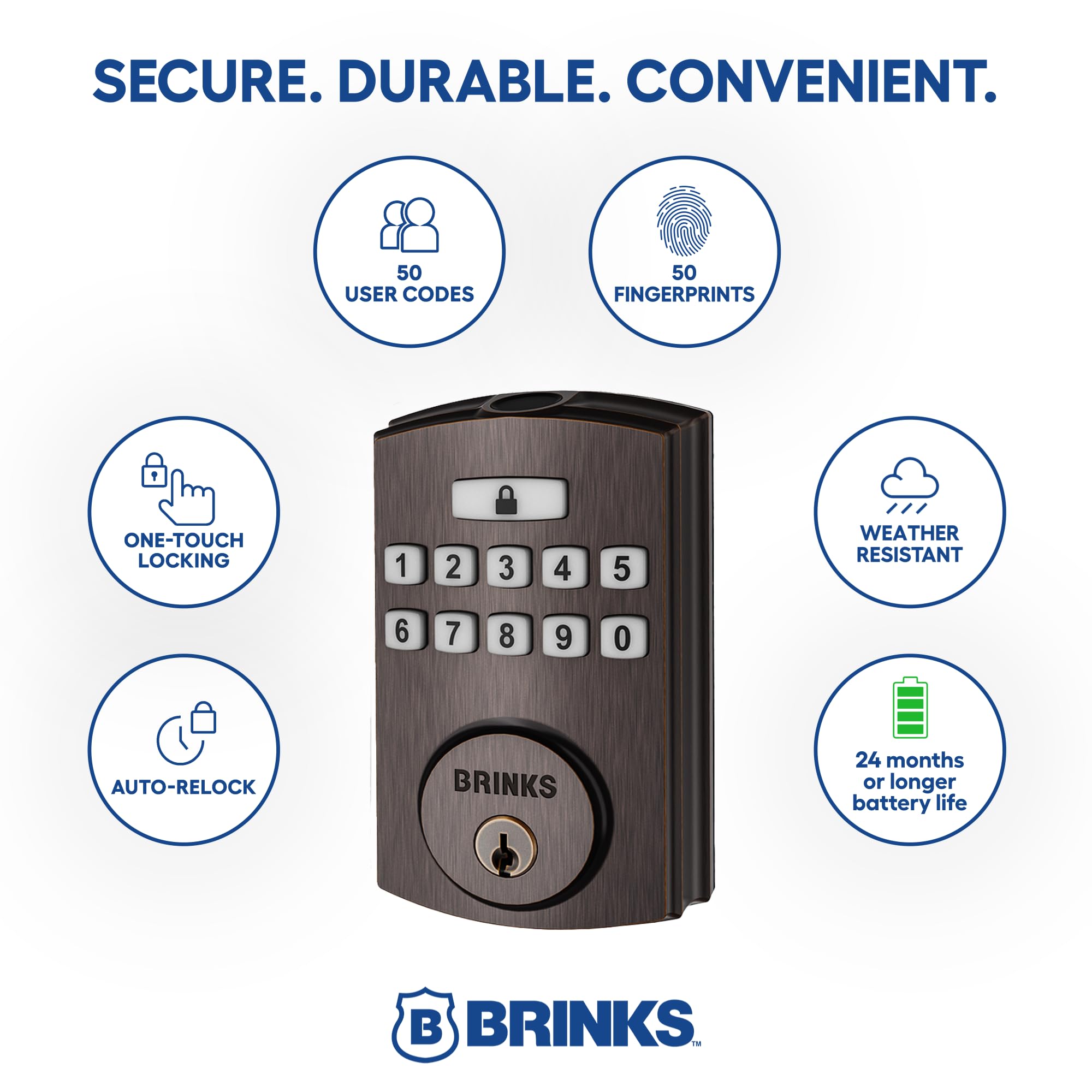 Brinks Serratura elettronica per porta d'ingresso, con tastiera e impronta digitale, serratura intelligente ad alta sicurezza per porta d'ingresso, fino a 50 codici utente, chiusura automatica, bronzo