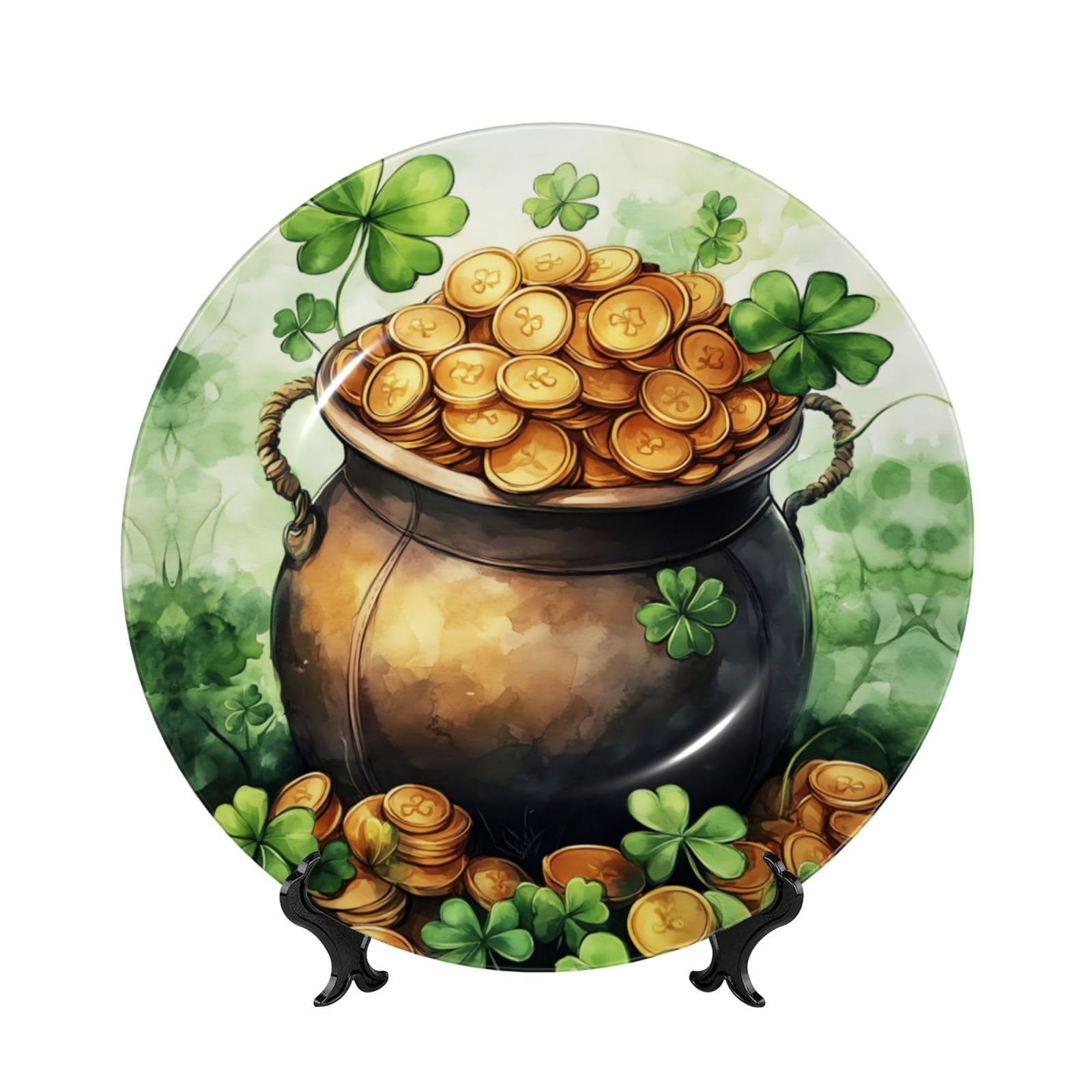 YZILDP St. Patrick's Day Ceramic Plate with Display Stand,8in,Lucky Shamrock Decorative Plates Irish Themed Wall Hanging Ceramic Craft Decor for Kitchen Dining Room Home