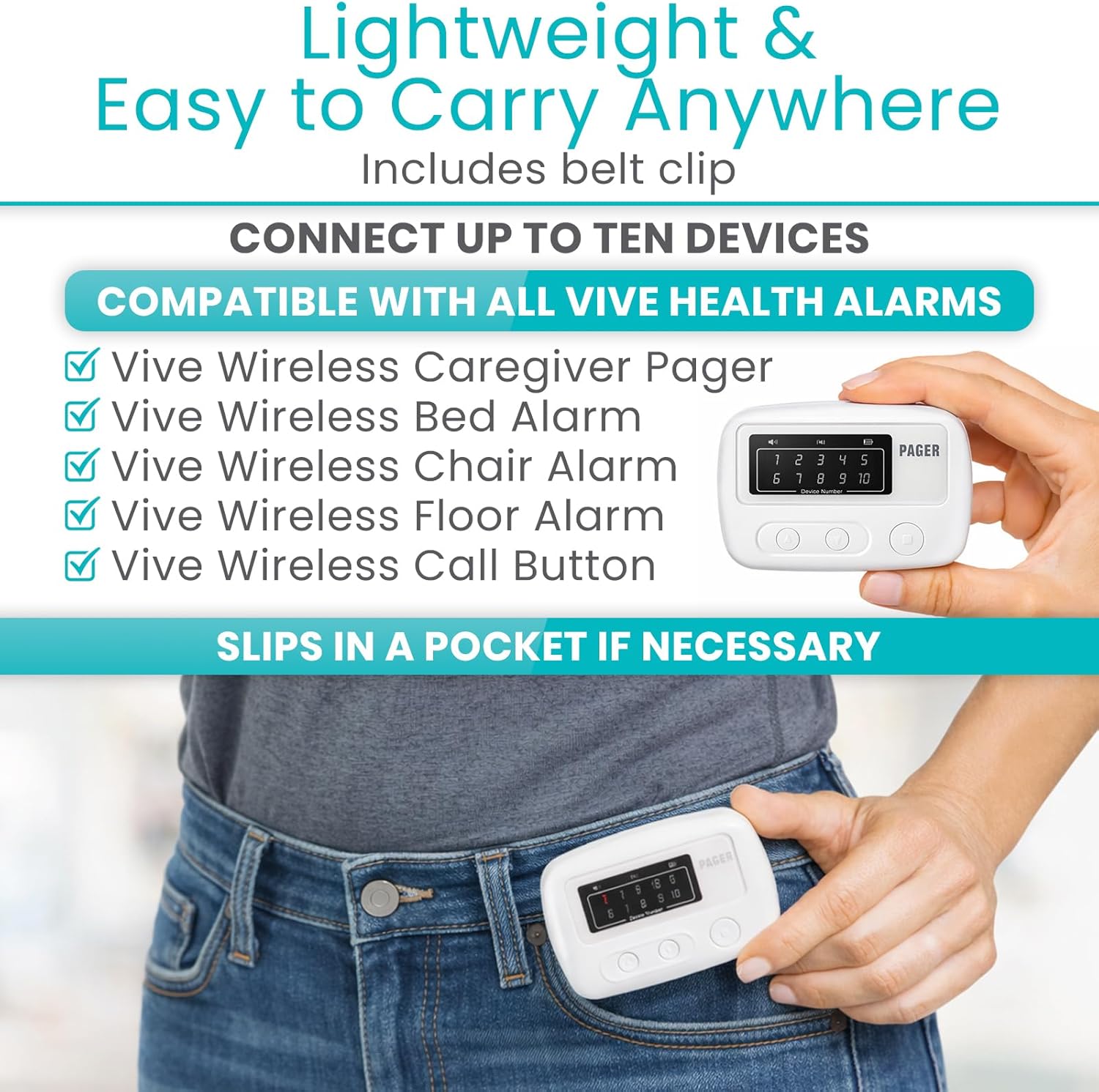 Vive Wireless Caregiver Pager - Nurse Alert for Dementia Patients - Smart Portable Medical System for Caretaker - Connects to Call Button, Door, Window, Bed, Chair, Floor Alarm Pads