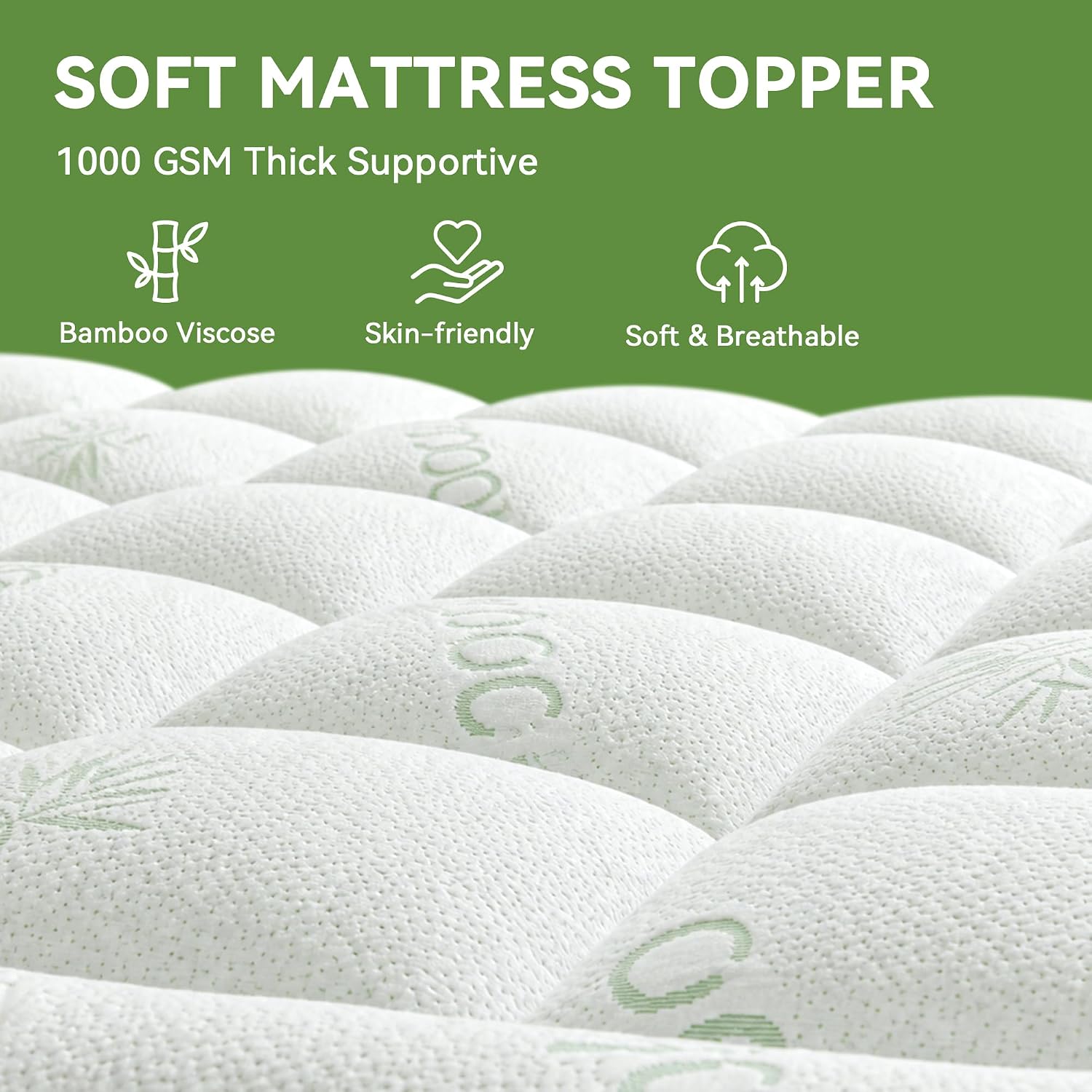 Twin XL Mattress Topper Viscose Derived from Bamboo for Back Pain Relief,1000 GSM Extra Thick Pillow Top Mattress Pad,Deep Pocket Fits Mattress 8"-21",Soft Breathable Mattress Cover Green