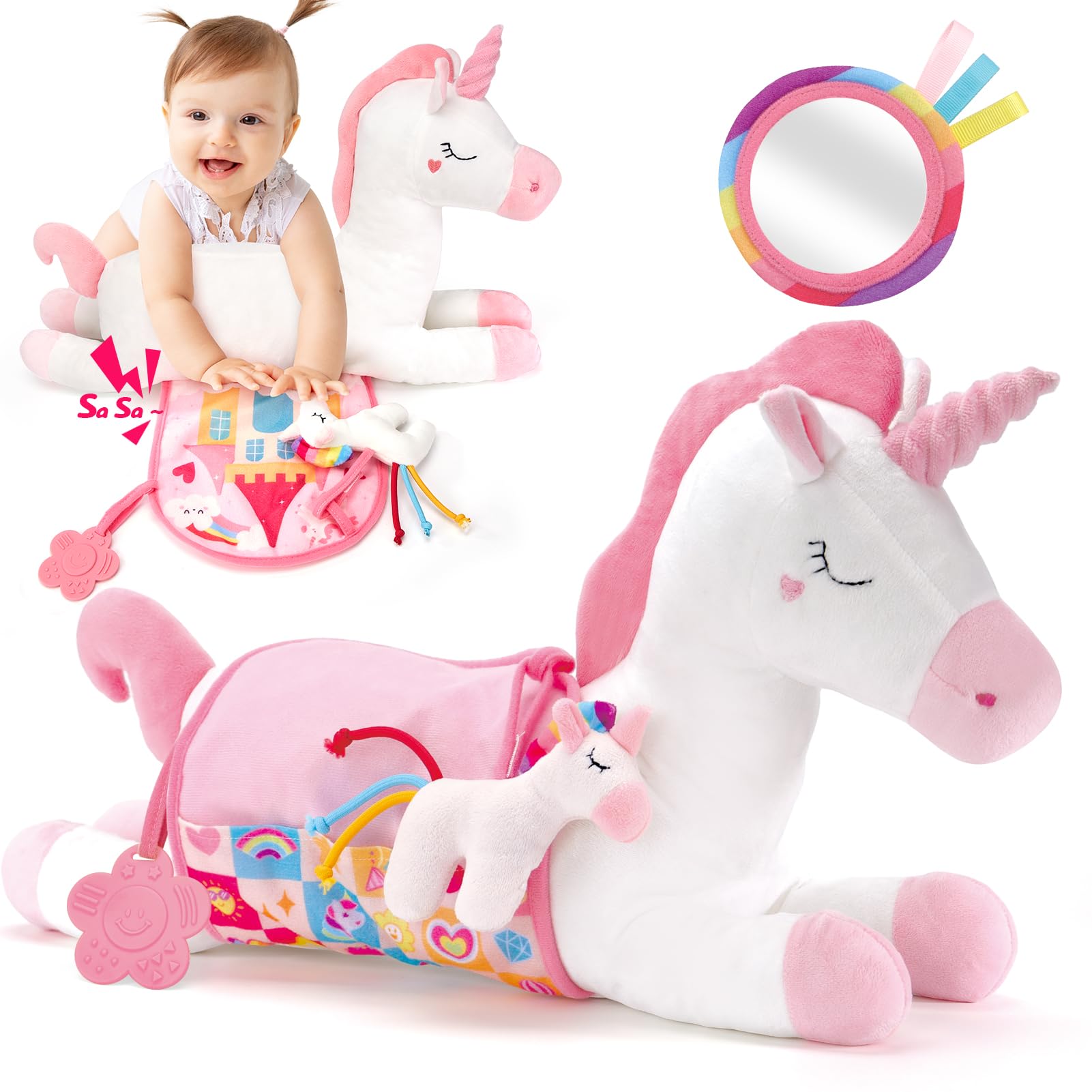 COCO&Friends Juguetes Bebes 0-3 Meses - Cojín Unicornio Peluche con Sonajero, Mordedor, Espejo - Tummy Time Sensorial para Bebé Recién Nacido 0 3 6 Meses