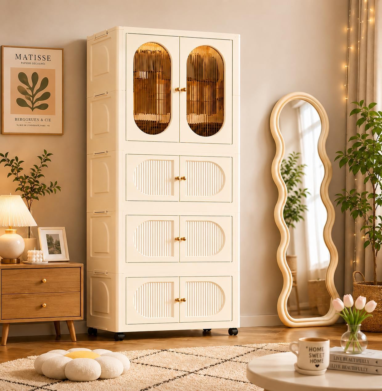 Mevigo 4-Door Plastic Wardrobe for Kids| Almirah and Wardrobe for Baby Clothes| Modular Storage Cabinet with Wheel Organizer for Cupboard Rack for Clothes/Shoes/Books/Toy -White-DL1624