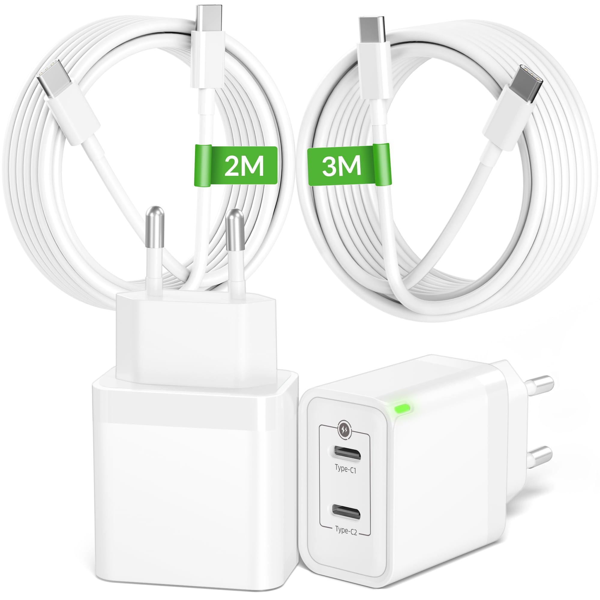 45W USB C Ladegerät Ladekabel, 2-Port Schnellladegerät und USBC 2M+3M Schnellladekabel für iPhone 17 Air/17/16/15 Pro Max Plus 16e, iPad Pro/Air/11/10/A16 Gen, Netzteil Charger Adapter Kabel 2-Pack