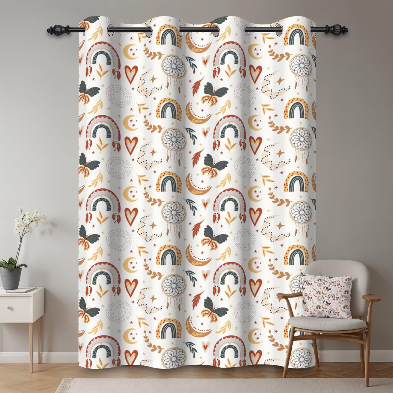 107x160cm Cartoon-Regenbogen Verdunkelungsvorhang fürs Kinderzimmer Boho Traumfänger Mond Ösenvorhänge Thermo Fenstervorhänge für Baby Mädchen Spielzimmer Wohnzimmer,1-Einzelpaneel