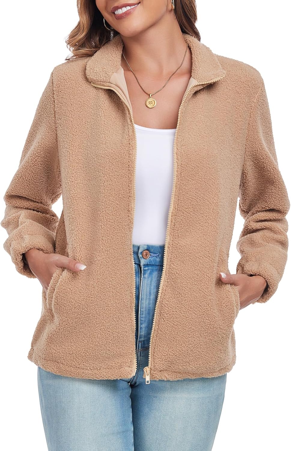 Women's Zip up Fleece Sherpa Jacket Oversize Stand Collar Long Sleeve Fuzzy Casual Jacket with Pocket - Image 3
