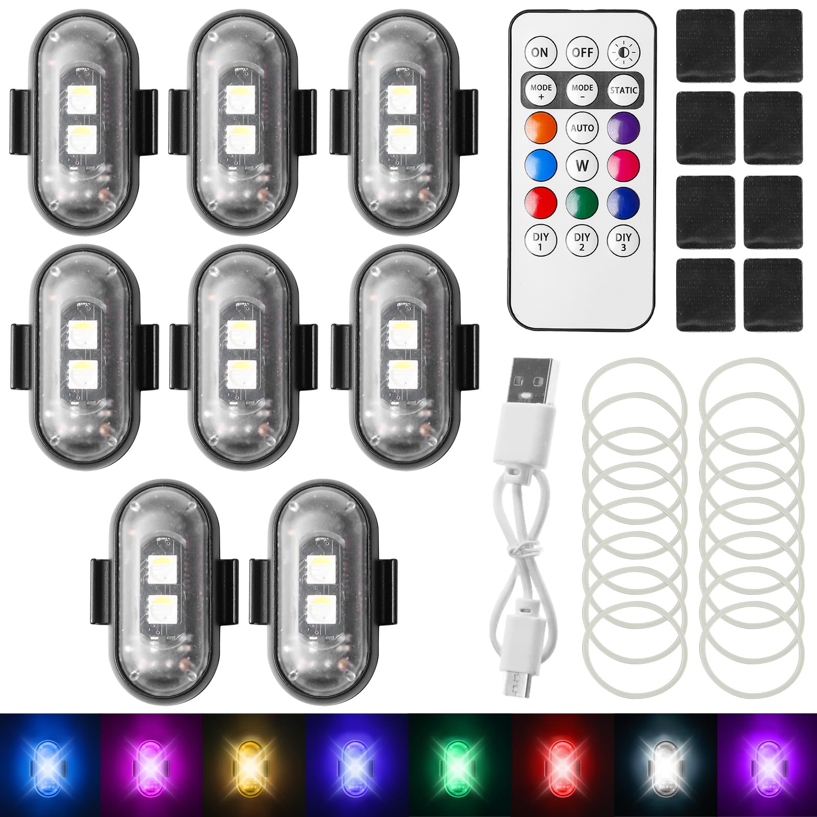 GBKDQQ Lot de 8 lumières LED sans fil pour voiture, éclairage d'ambiance avec charge USB et télécommande, flash LED, 8 couleurs, étanche, anti-collision, pour drone, camion, moto