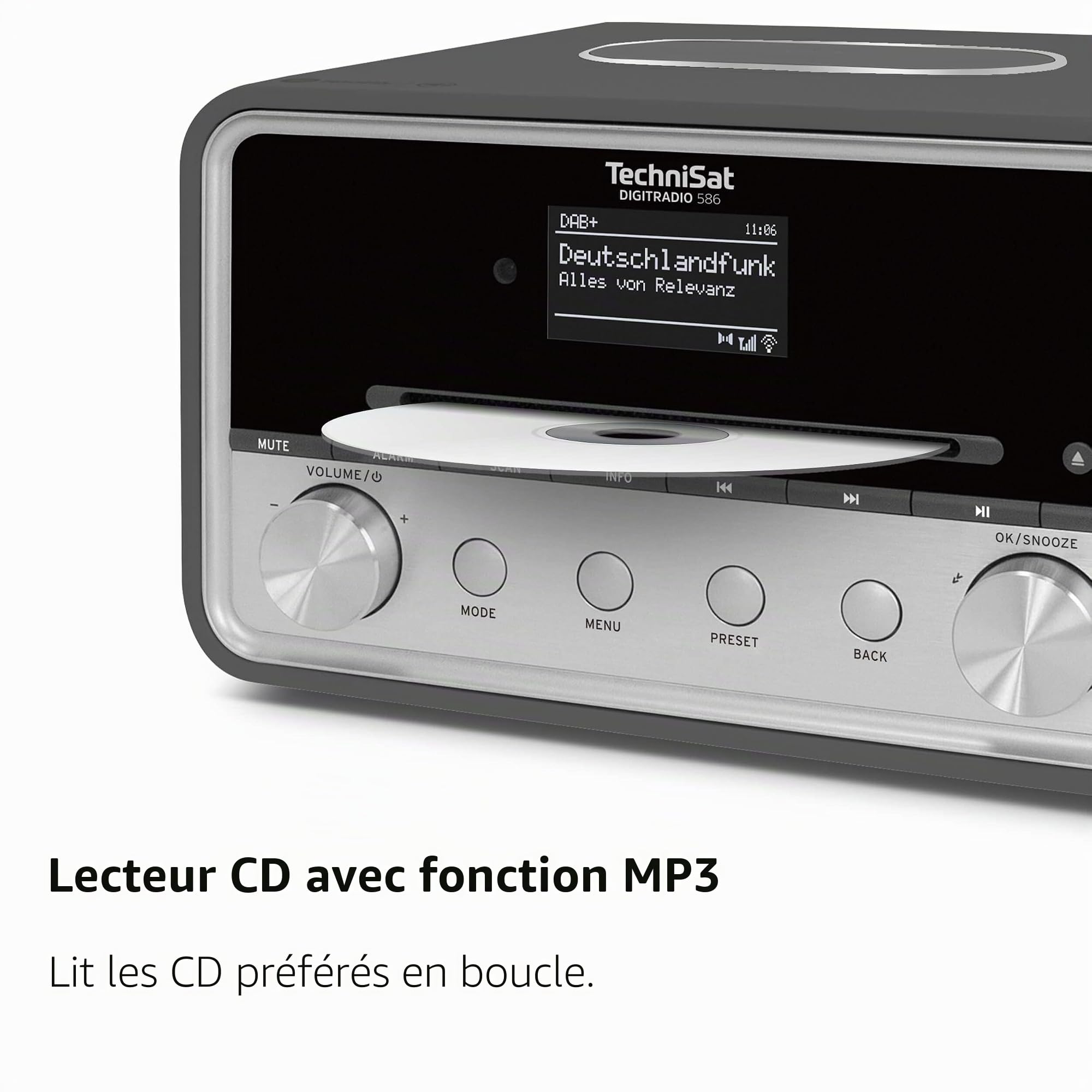 TechniSat DIGITRADIO 586 - Radio hybride DAB+ (radio internet, FM, Bluetooth, charge sans fil, commande d'application, OLED, USB, CD, MP3, AUX, 20 W, chaîne compacte, télécommande) anthracite