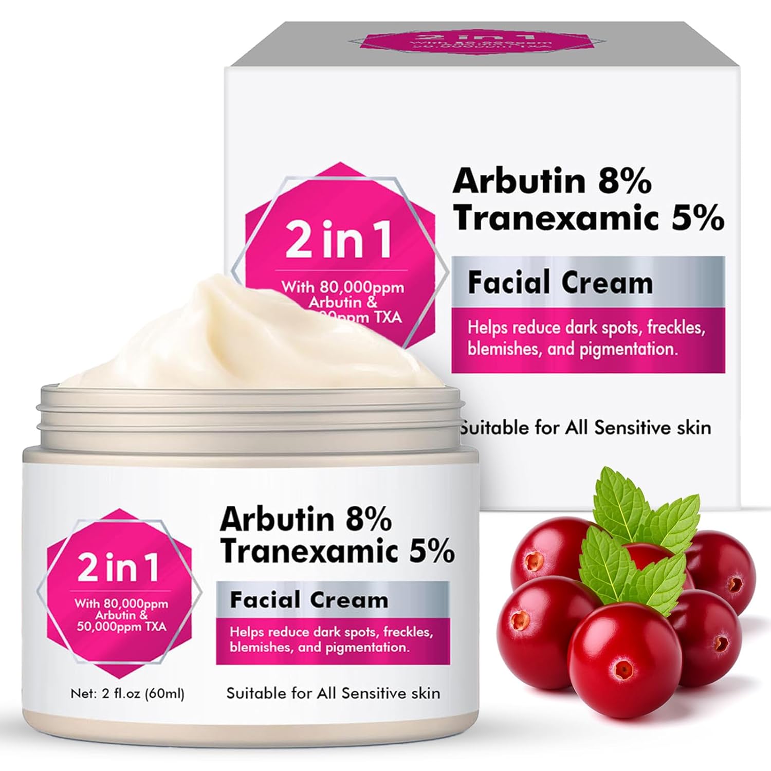 Arbutin 8% + Tranexamic Acid 5% Cream, Professional Arbutin Cream for Dark Spots and Hyperpigmentation, Potent Tranexamic Acid Serum Formula for Brightening and Evening Skin Tone