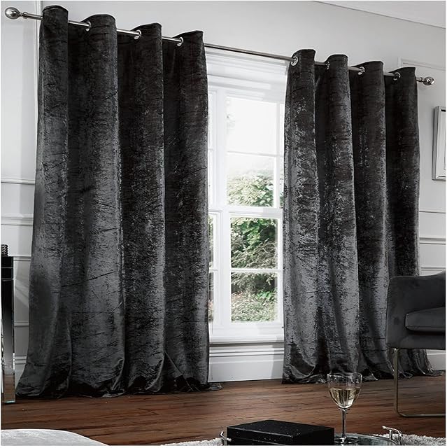 GC GAVENO CAVAILIA Pair of Crushed Velvet Curtains 66x72 Inch, Fully Lined Ring Top Plushy Eyelet Velour Curtains, Charcoal