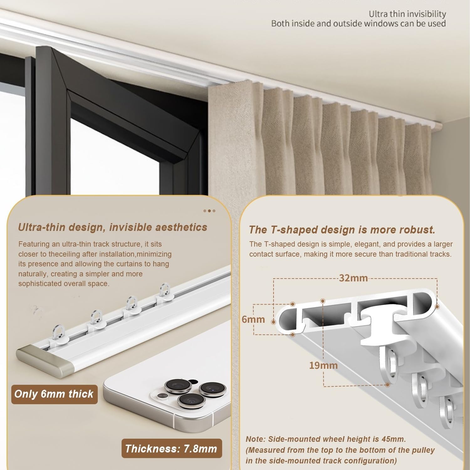 Rail de rideau de plafond ultra fin en alliage d'aluminium de 2,4 m – Système coulissant silencieux et robuste pour chambre à coucher, salon, hôpital – Facile à installer, finition blanche