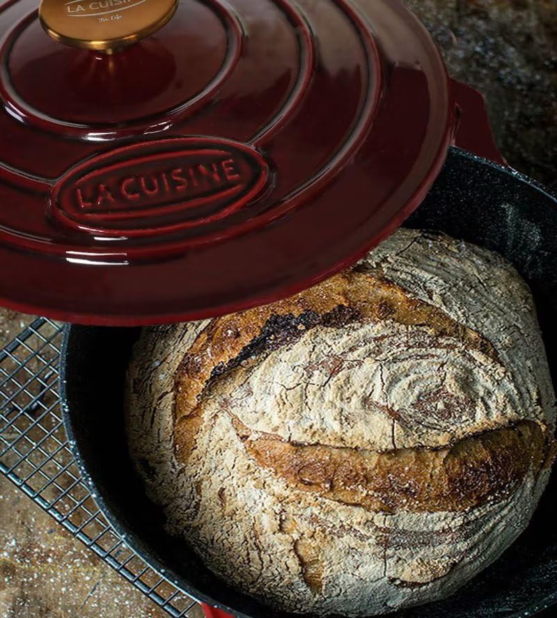 La-Cuisine-Enameled-Cast-Iron-Dutch-Oven-Casserole-Pot-with-Lid-65-QT-Matte-Black-Enamel-Interior-Cranberry-Enamel-Coating-Exterior-Gold-Plated-Stainless-Steel-Lid-Handle-Oven-Safe