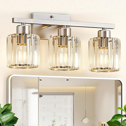 Miniatura 1 de GOLSPARK Modern Crystal Bathroom Vanity Light, 3-Light Brushed Nickel Vanity Lighting Fixtures Over Mirror for Bathroom, Wall Sconce Bath Wall