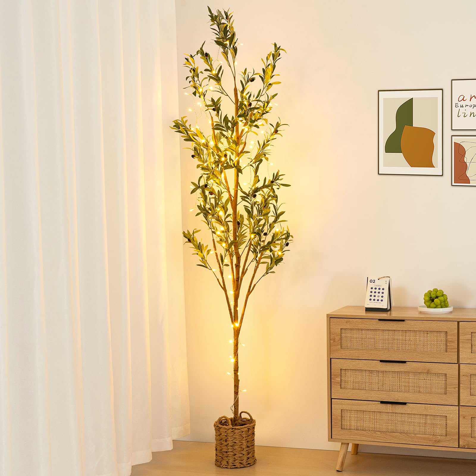 7ft Artificial Olive Tree with LED Fairy Lights & Woven Planter - Lifelike Faux Silk Plant with Realistic Leaves & Fruits and Natural Trunk for Indoor Home Office Living Room Bedroom Foyer Decor