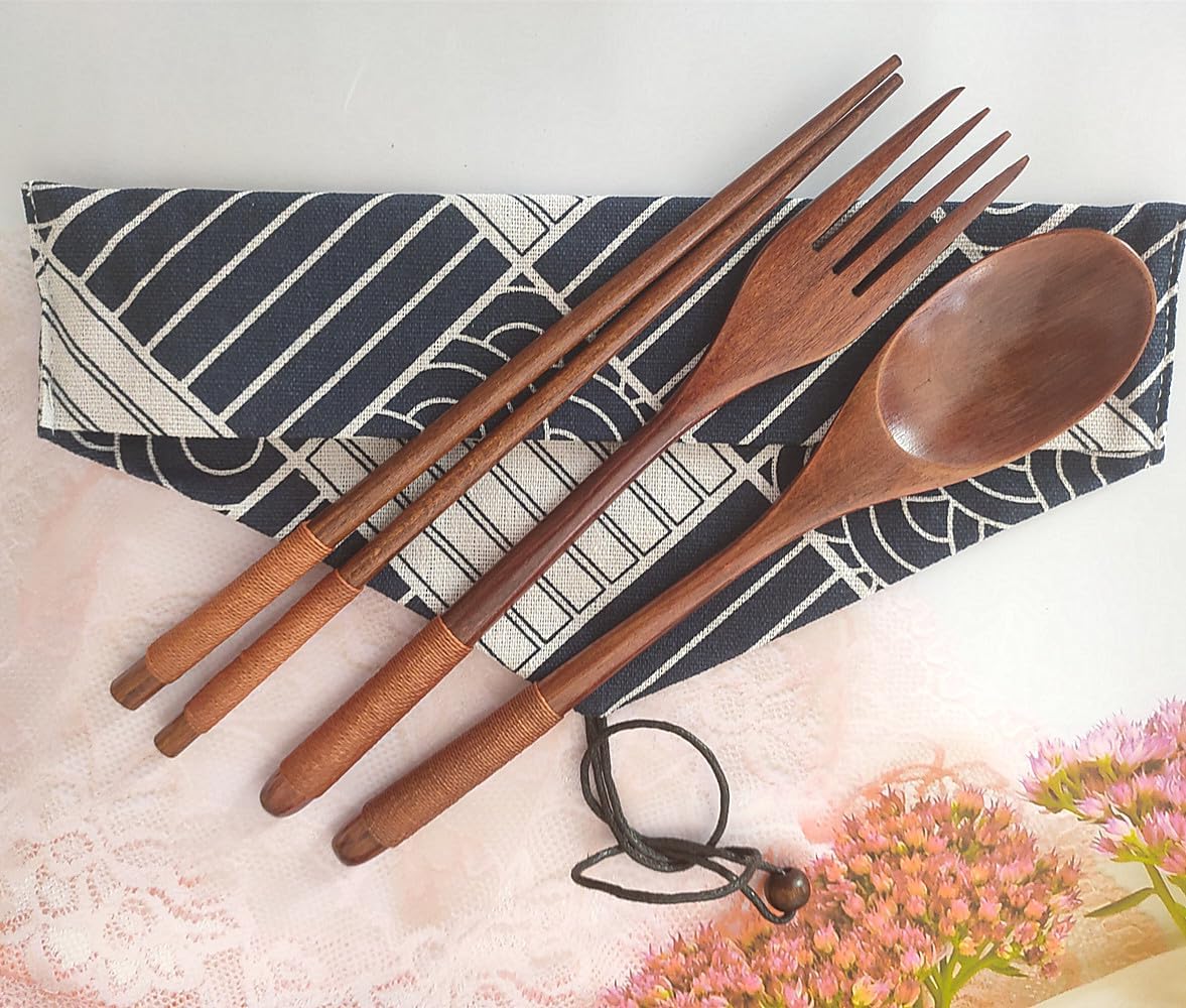 Wooden Cutlery Set Chopsticks Spoon Fork with Tied Line, Bamboo Outdoor Camping Travel Utensils Reusable Tableware Spoon for Eating with Cloth Bag (4 Pack)
