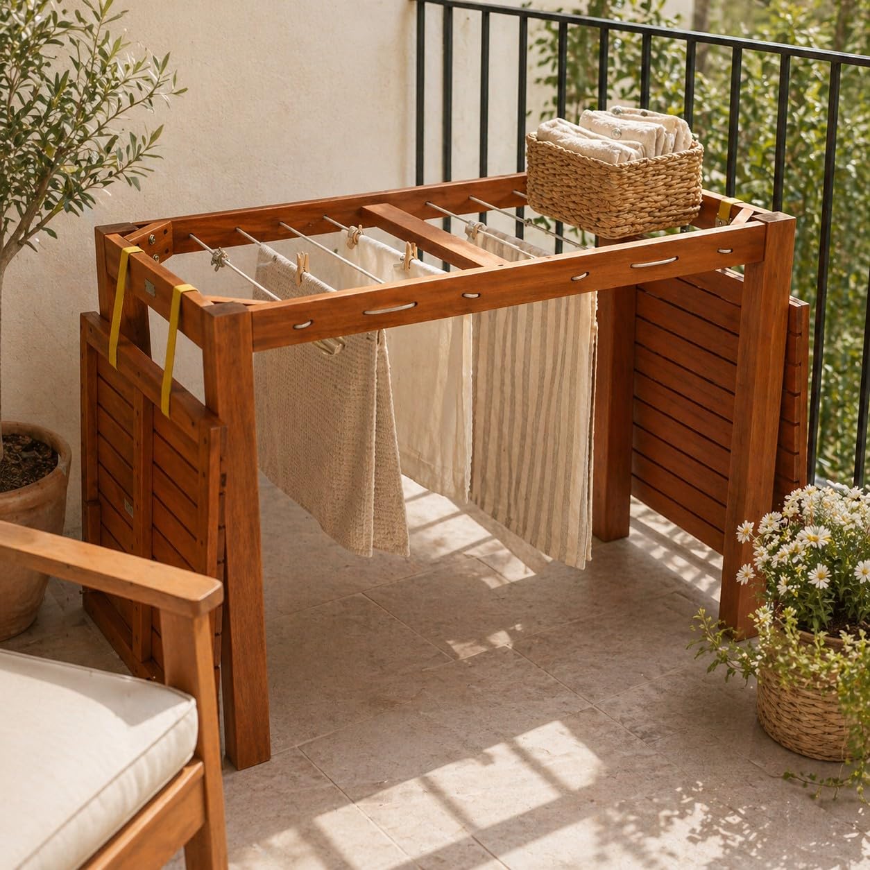 DEGAMO Funktions Gartentisch mit Wäscheständerfunktion, 100x60x75cm, Eukalyptus braun geölt, FSC®-Zertifiziert, Outdoor und Indoor