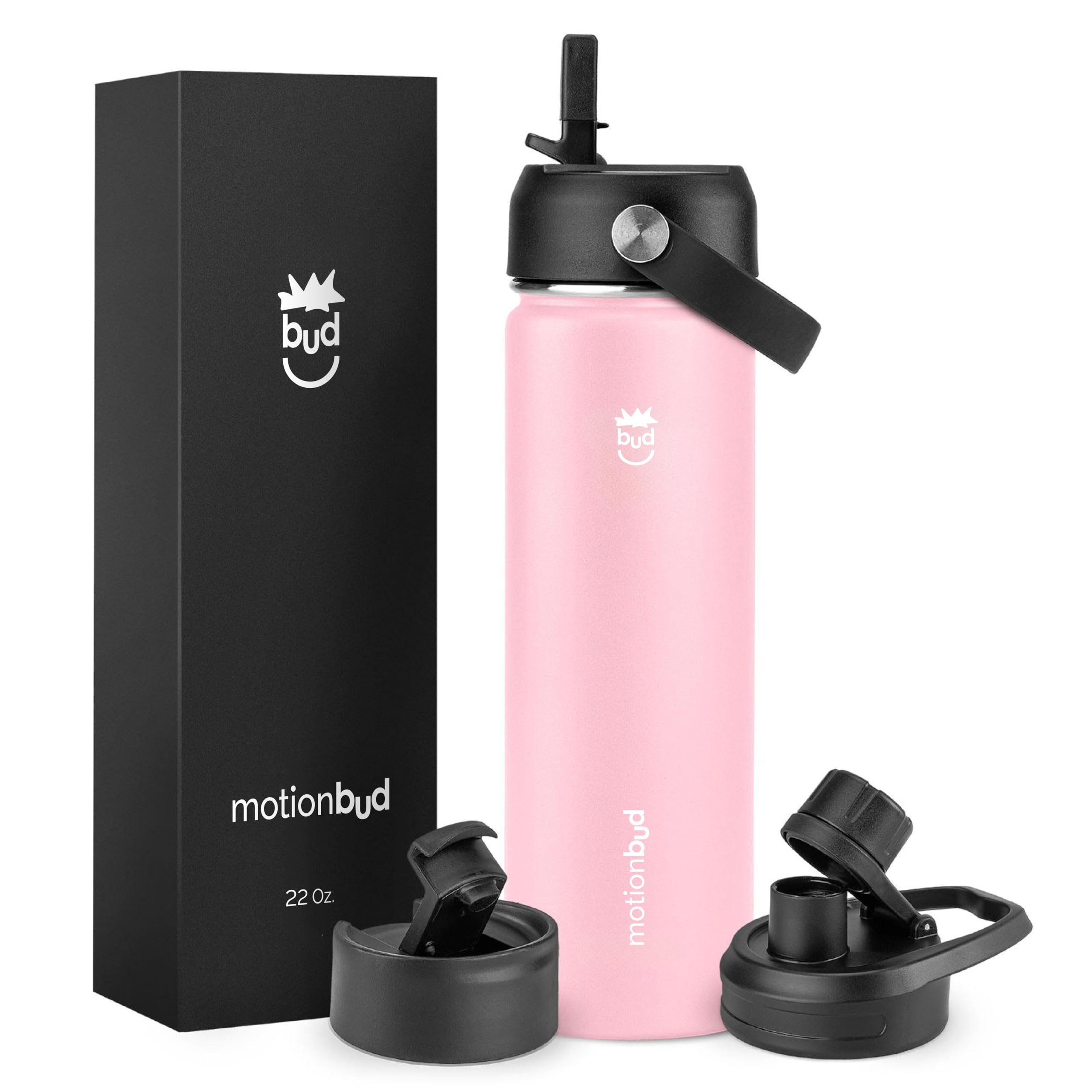 Motionbud Insulated Water Bottle 22oz. - Stainless Steel, Spill-Proof, Slim Bottle with 3 Lids - BPA-Free, Vacuum Insulated, Keeps Drinks Cold for 24
