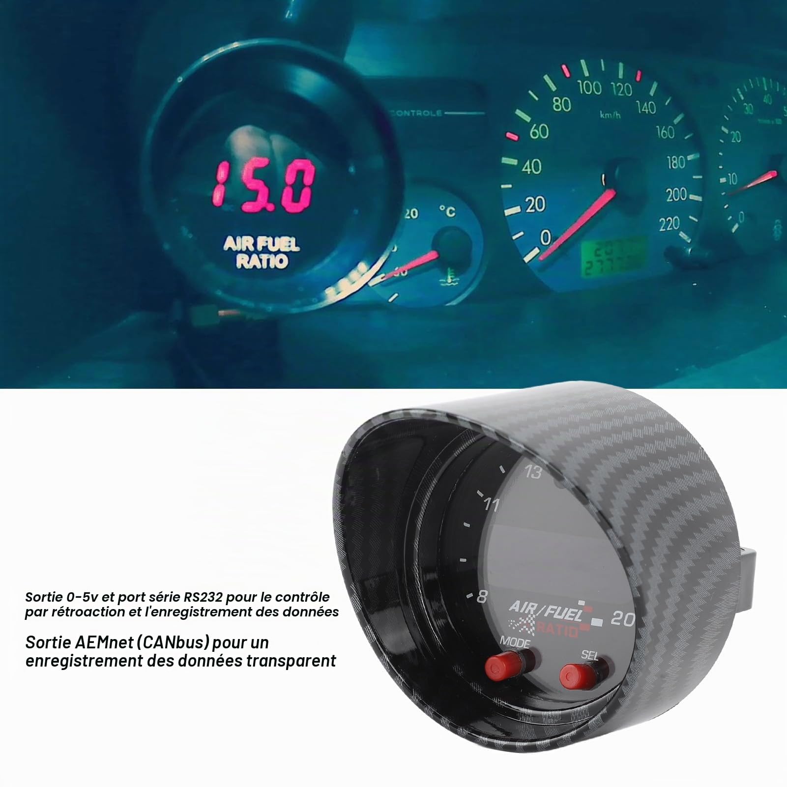 Kit de Jauge UEGO à Large Bande 30-0300, Affichage du Rapport Air/carburant, 52mm, Gradation Automatique, Jauge de Contrôleur de Capteur UEGO AFR à Large Bande