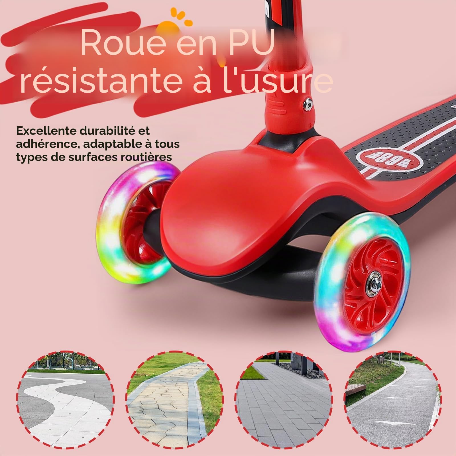 Trottinette pliable pour enfant avec clignotants, hauteur réglable, large plateau et frein, pour garçons et filles à partir de 3 ans