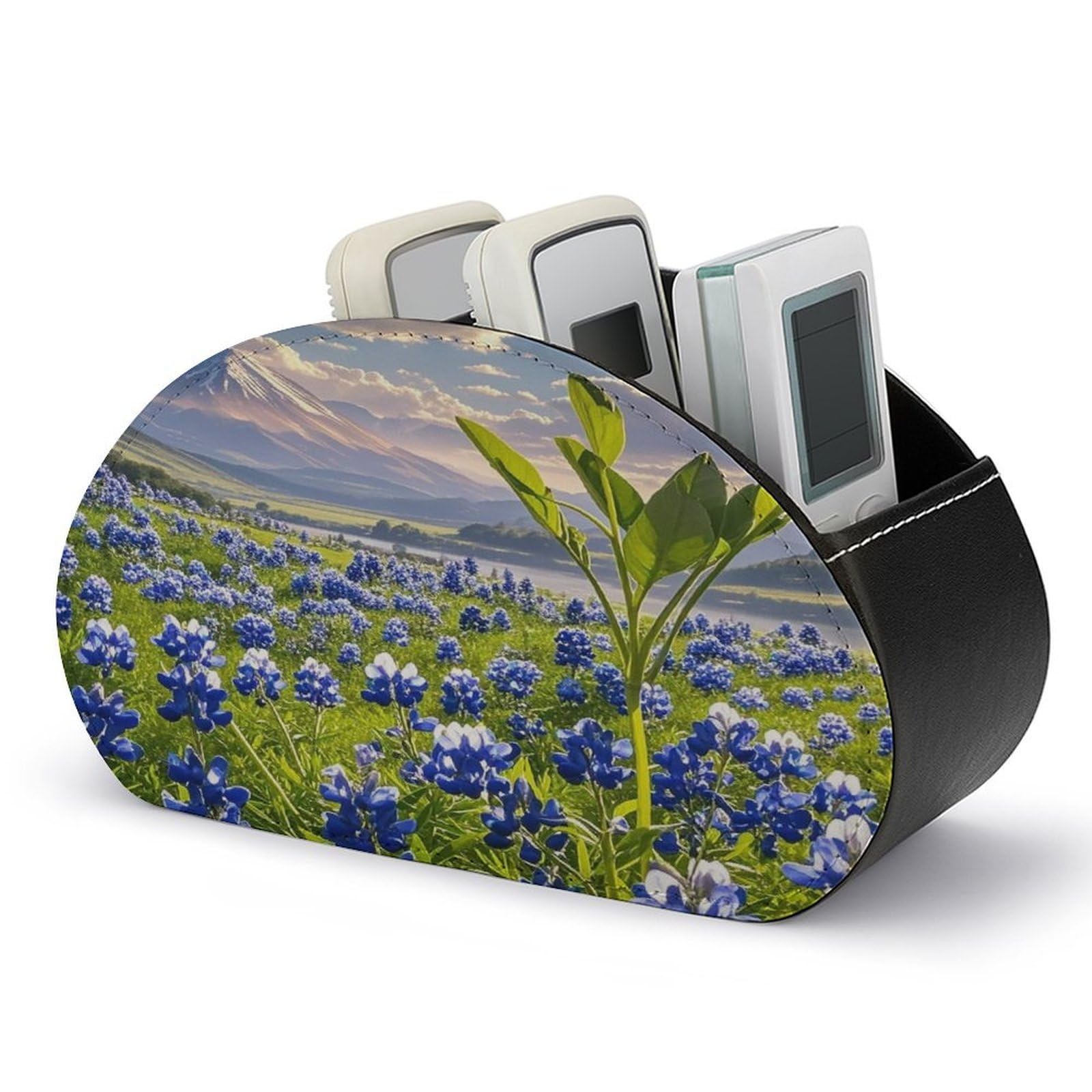 FekiLoot Leather TV Remote Control Holder with 5 Compartments Multifunctional TV Remote Holder Bedside Table Remote Caddy Storage Box Bluebonnets Scenery Remote Organizer for Home Office