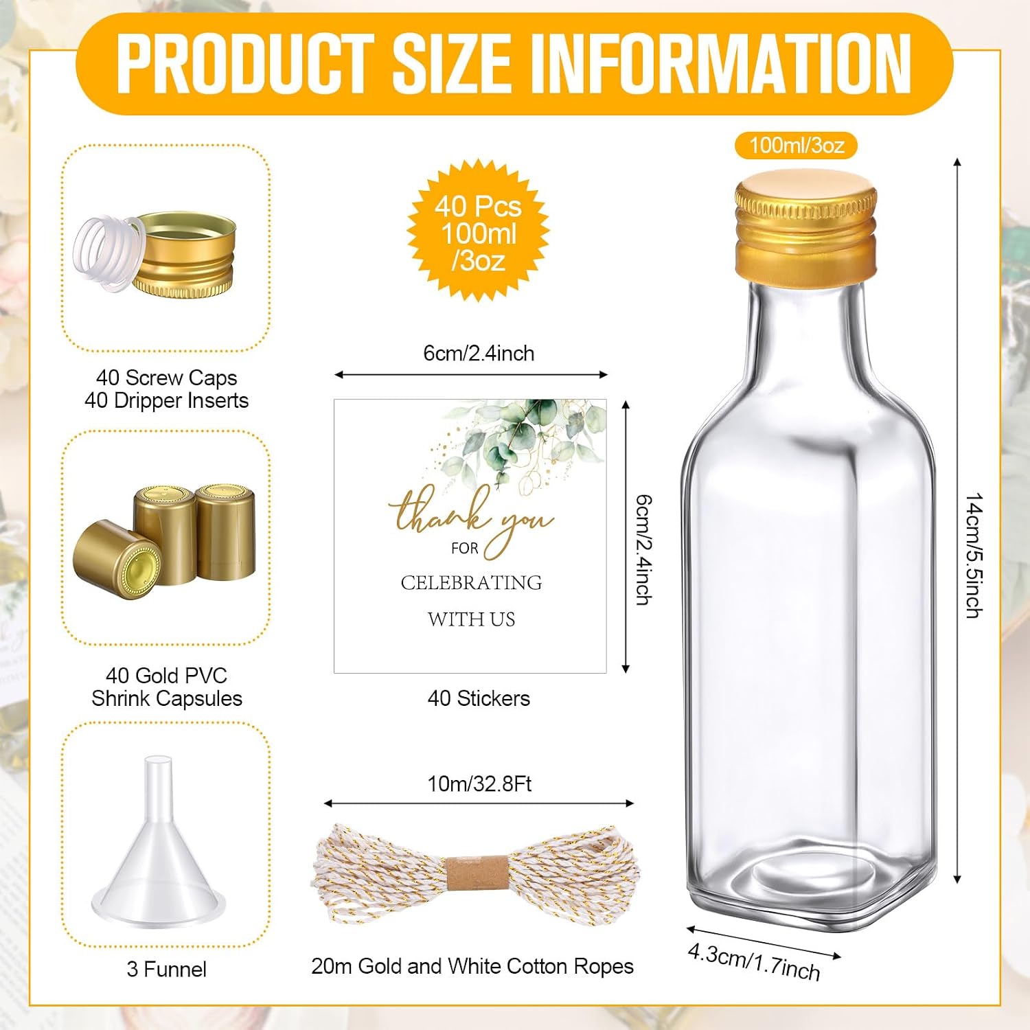 Reallnaive 40 Pack 3 oz Mini Olive Oil Bottles, Glass Leakproof Cap, Gold image 2